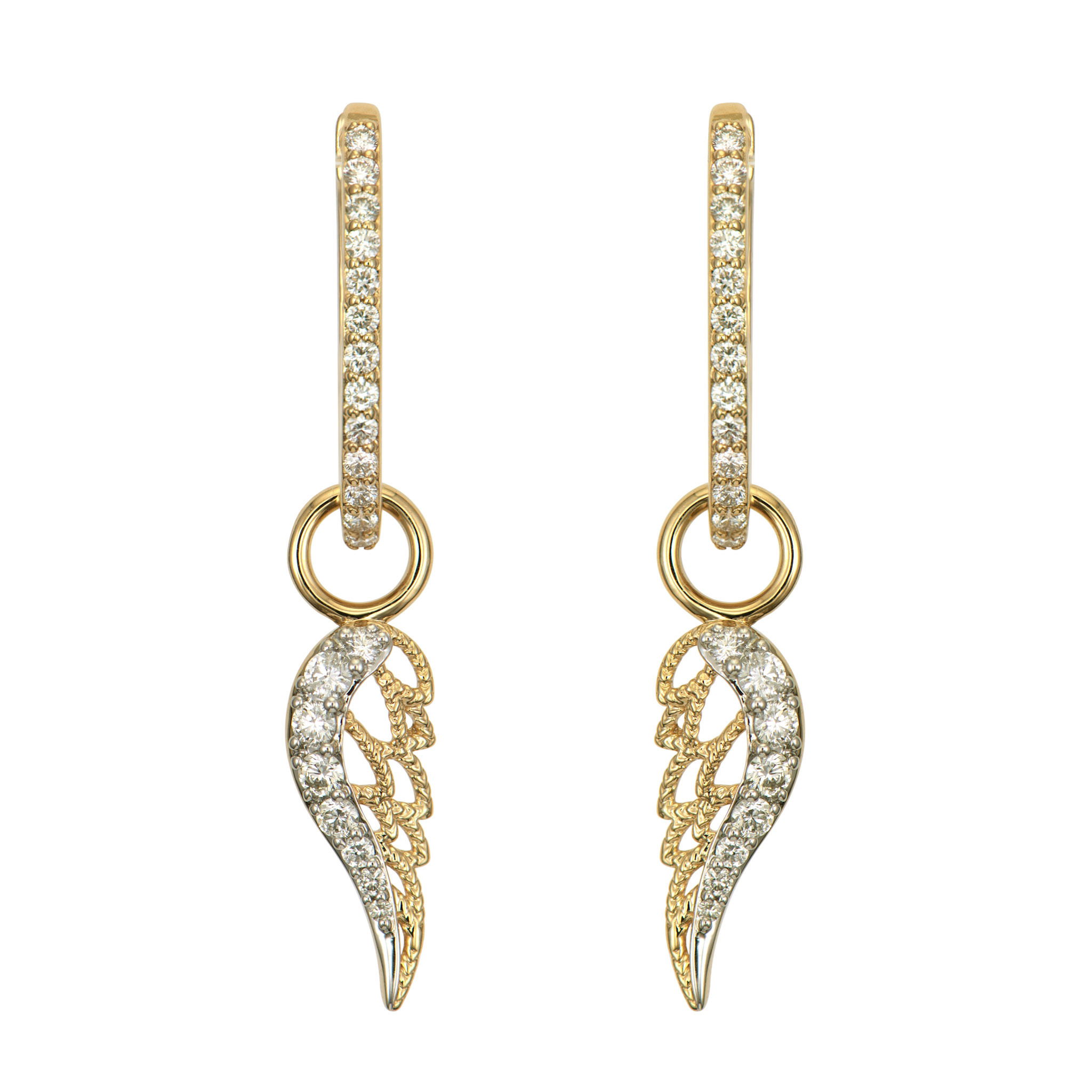 This Spread Your Wings Charm captures the beauty of flight with a half-open wing design crafted in 14K yellow gold. The wing's delicate feathers are adorned with pavé diamonds that catch the light beautifully with every movement, creating a graceful shimmer. Symbolizing freedom and new beginnings, this charm makes a meaningful addition to your jewelry collection. This sparkling gold charm can be worn on Three Stories hoop earrings or added to a chain bracelet or necklace by adding an openable pendant bale. Hoops and charms sold separately. Spread Your Wings Charm