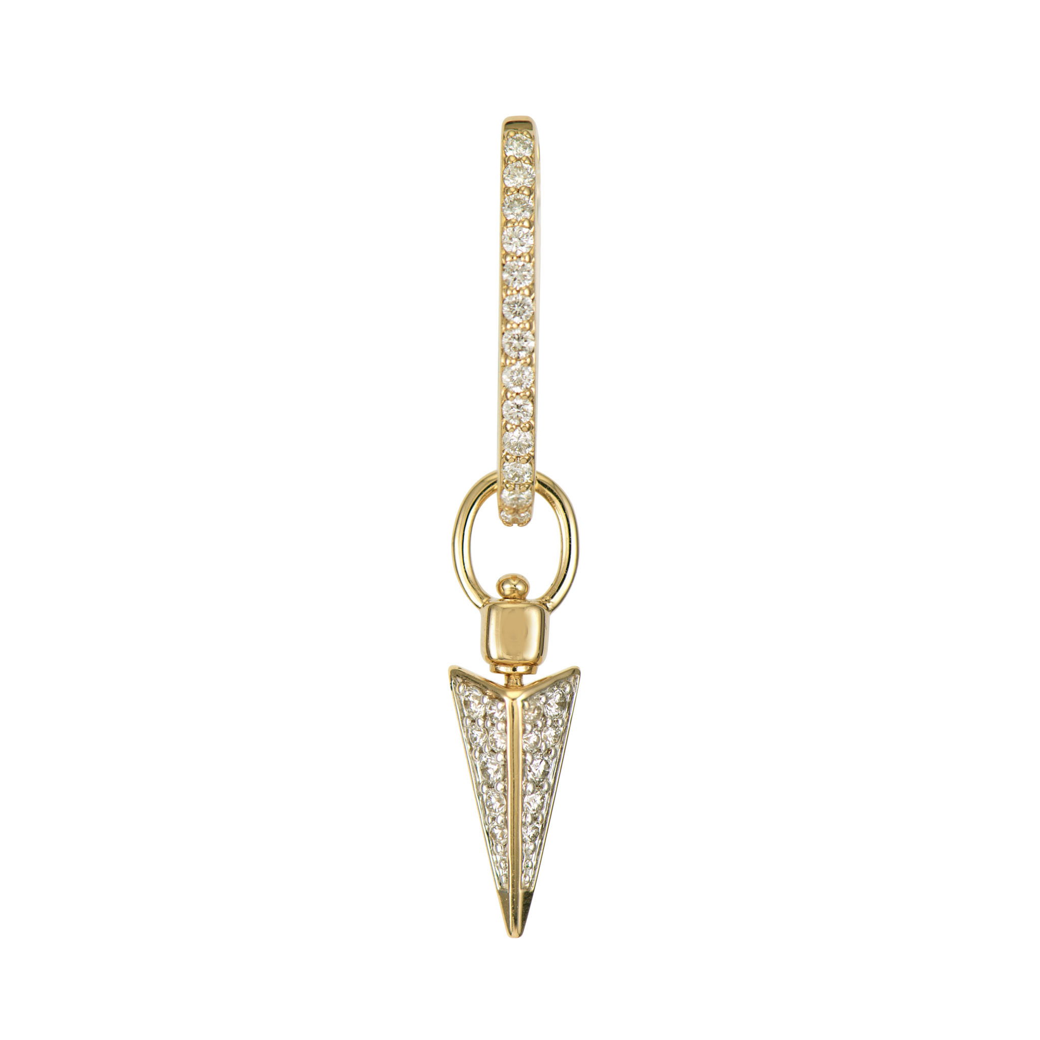 This Four Sided Pave Dagger Top Switch Charm is a versatile statement piece featuring an elegant dagger design with four distinctive faces. Two sides shimmer with pavé diamonds, while the other two showcase rich teal sapphires, all set in 14K yellow gold. The innovative Three Stories top switch mechanism allows you to easily transform this charm from a pendant to an earring charm, giving you multiple styling options. This sparkling charm can be worn on Three Stories hoop earrings or added to a chain bracelet or necklace, offering four different looks in one piece. Hoops and charms sold separately. Four Sided Pave Dagger Top Switch Charm