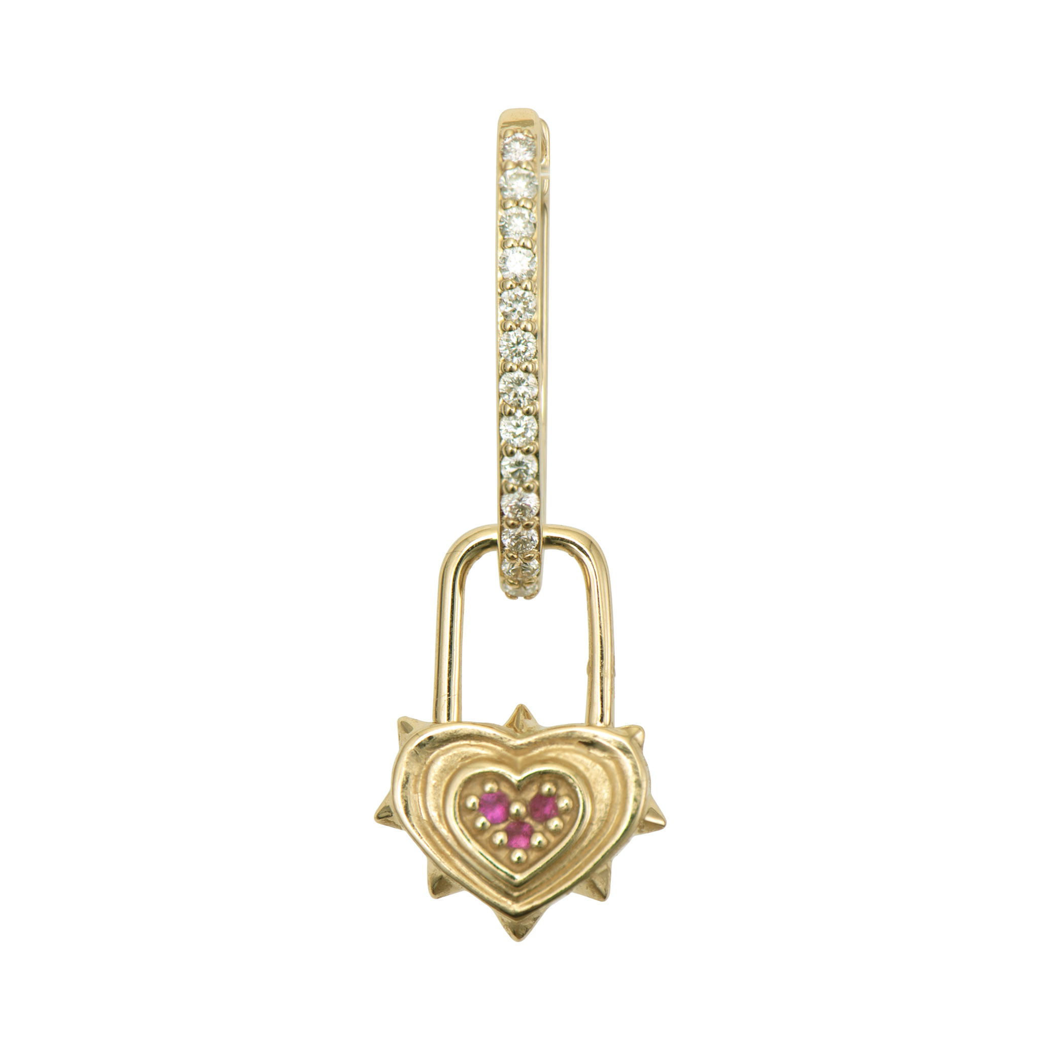 This Spikey Heart Open Lock Charm offers a playful twist on traditional heart jewelry. Crafted in 14K yellow gold, one side of this distinctive heart features sparkling diamonds, while the other side showcases vibrant pink sapphires. The edgy, spiked design adds an unexpected touch to this symbol of love. What makes this charm truly special is its functioning lock mechanism at the top, allowing it to open and close so you can easily attach it to Three Stories hoops, chains, or bracelets without needing a separate bale. Hoops and charms sold separately. Spikey Heart Open Lock Charm