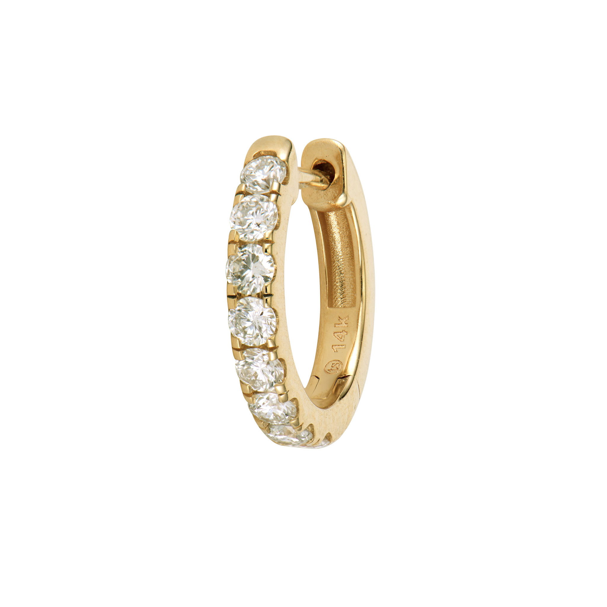 This Medium Diamond Huggie Hoop delivers elegant sparkle in a comfortable design. Crafted in 14K yellow gold with meticulous French pavé setting, these huggies feature a continuous line of brilliant diamonds that catch the light with every movement. The medium size offers the perfect balance - substantial enough to make a statement yet comfortable for everyday wear. These versatile hoops hug your earlobe securely while providing maximum sparkle from every angle. Perfect worn alone for classic elegance or as a base for your favorite Three Stories earring charms. Hoops and charms sold separately. Medium Diamond Huggie Hoop