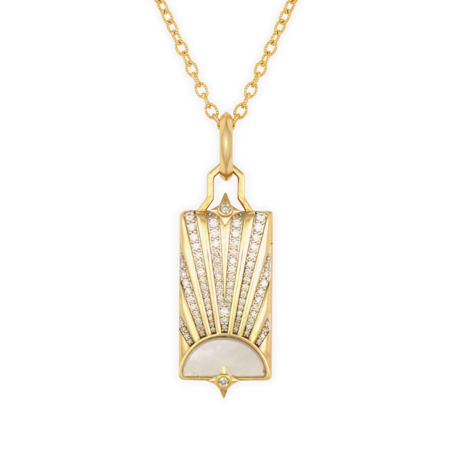 The Heart Chakra Love & Light Locket Pendant carries profound spiritual meaning in elegant form. Crafted in 14K gold, the front features a luminous mother of pearl sun surrounded by sparkling diamonds, symbolizing radiance and inner light. The back showcases a beautiful heart chakra symbol adorned with rainbow stones that represent the full spectrum of love and light. Open the locket to discover the deeply personal engraved message: "I know, I see, I speak, I love, I do, I feel, I am" - representing the heart chakras and the journey to self-awareness.This meaningful locket serves as both beautiful jewelry and a sacred talisman, connecting you to the heart chakra's energy of love, compassion, and emotional balance. The rainbow stones catch the light beautifully while symbolizing the divine spectrum of emotions and spiritual growth. Perfect for those who seek jewelry that nurtures both the soul and style, keeping love and light close to your heart. Chain sold separately. Heart Chakra Love & Light Locket Pendant