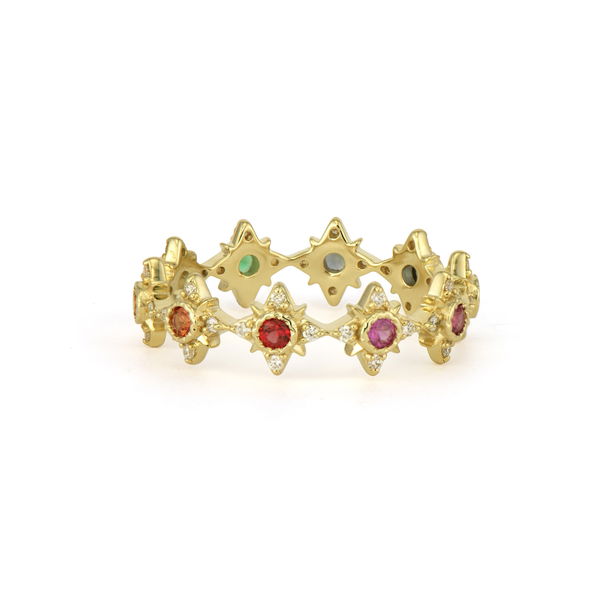 Closeup photo of Love Explosion Rainbow Sapphire Star Band
