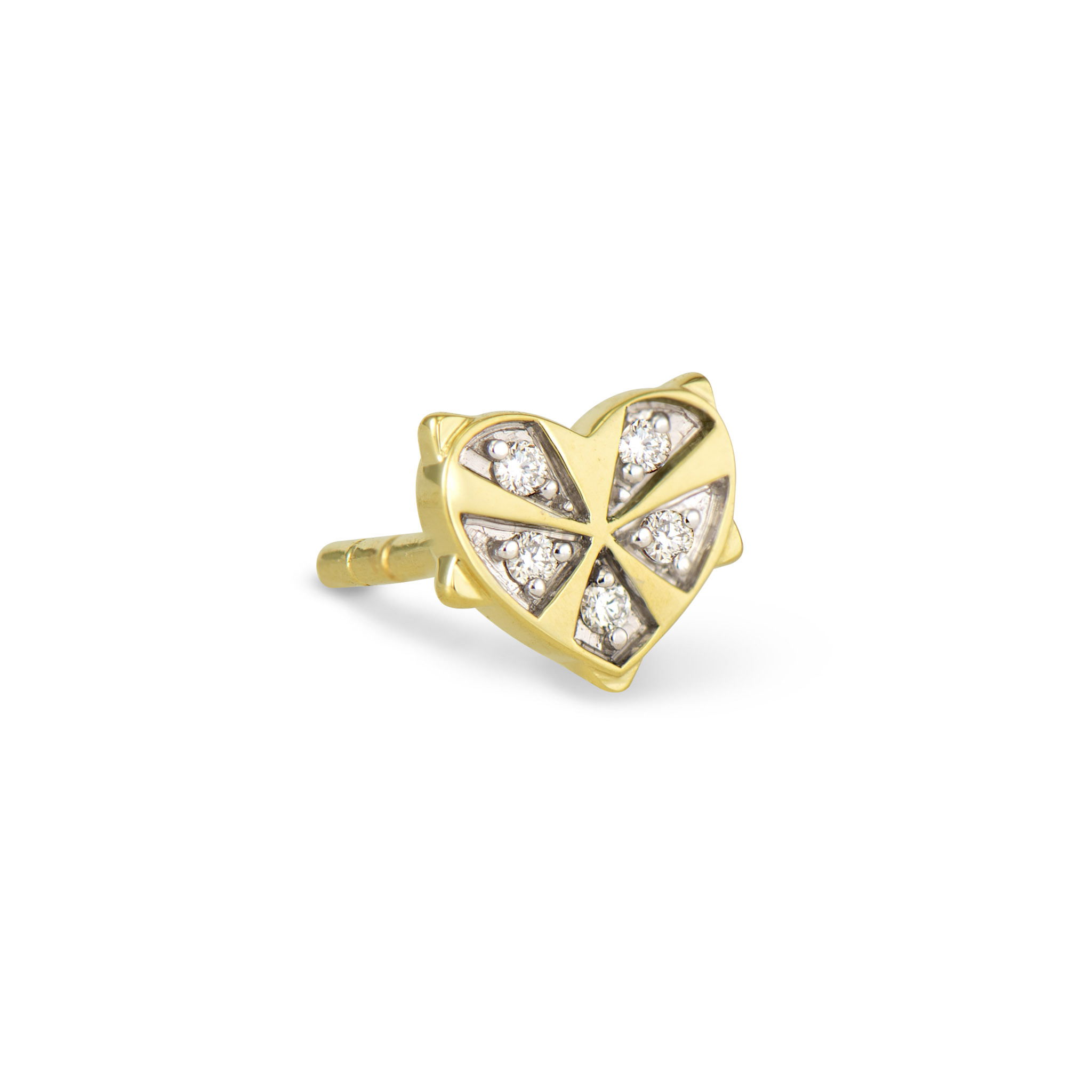 This Single Spikey Diamond Heart Stud Earring offers an edgy take on traditional heart jewelry. Crafted in 14K gold, it features a heart silhouette with distinctive spikes around its perimeter, creating a bold, contemporary look. The heart is adorned with sparkling diamonds that contrast beautifully with the spiky outline. This unexpected combination of soft sentiment and sharp edges makes for a truly unique piece that expresses love with attitude. Perfect for adding a touch of rebellious romance to your ear styling. Studs sold as singles. Single Spikey Diamond Heart Stud Earring