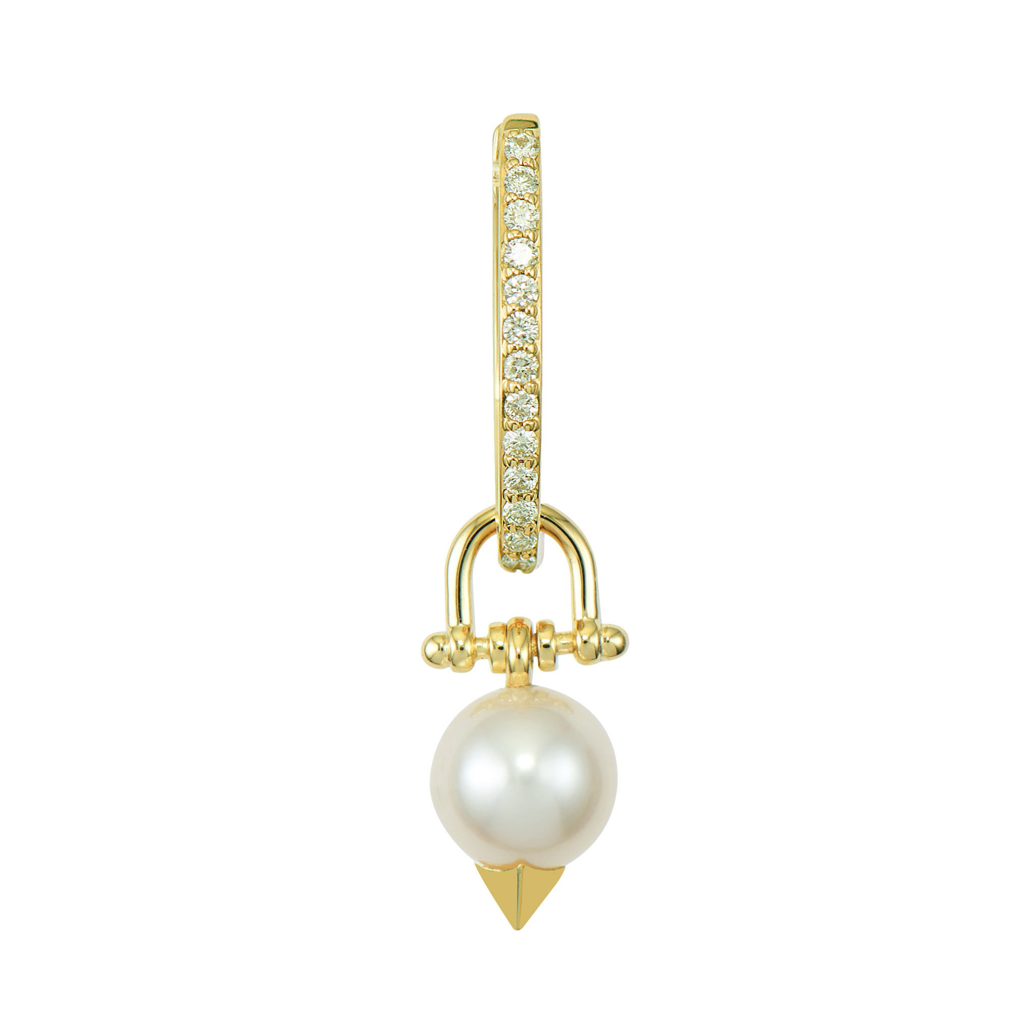 This Dancing Pearl Charm features a lustrous pearl that moves gracefully with every motion, suspended in a delicate 14K yellow gold setting. The pearl appears to float and dance, creating a captivating visual effect that catches the eye. This dynamic charm can be worn on Three Stories hoop earrings or added to a chain bracelet or necklace by adding an openable pendant bale. Its elegant movement adds a touch of sophisticated playfulness to any jewelry collection. Hoops and charms sold separately. Dancing Pearl Charm