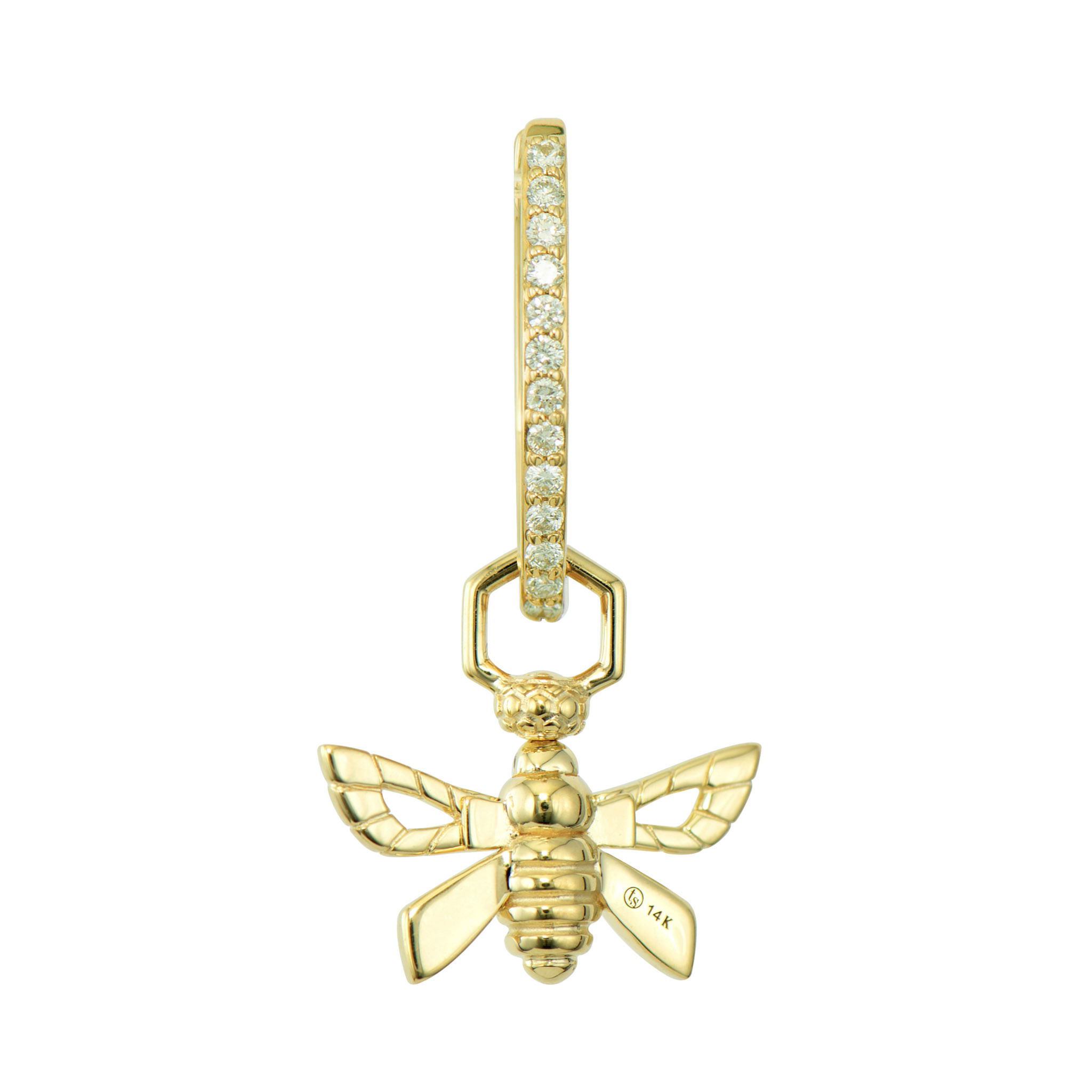 This Queen Bee Top Switch Charm features a regal bee design crafted in 14K yellow gold and adorned with sparkling diamonds. What makes this charm especially unique is its honeycomb-shaped top switch mechanism, adding a thematic touch to its functionality. The bee's wings actually move, creating a lifelike flutter effect as you wear it. This innovative feature allows you to easily transform the charm from a pendant to an earring charm, giving you versatile styling options. The diamond-set bee design captures both the elegance and industrious nature of the queen bee. This sparkling gold charm can be worn on Three Stories hoop earrings or added to a chain bracelet or necklace. Hoops and charms sold separately. Queen Bee Top Switch Charm