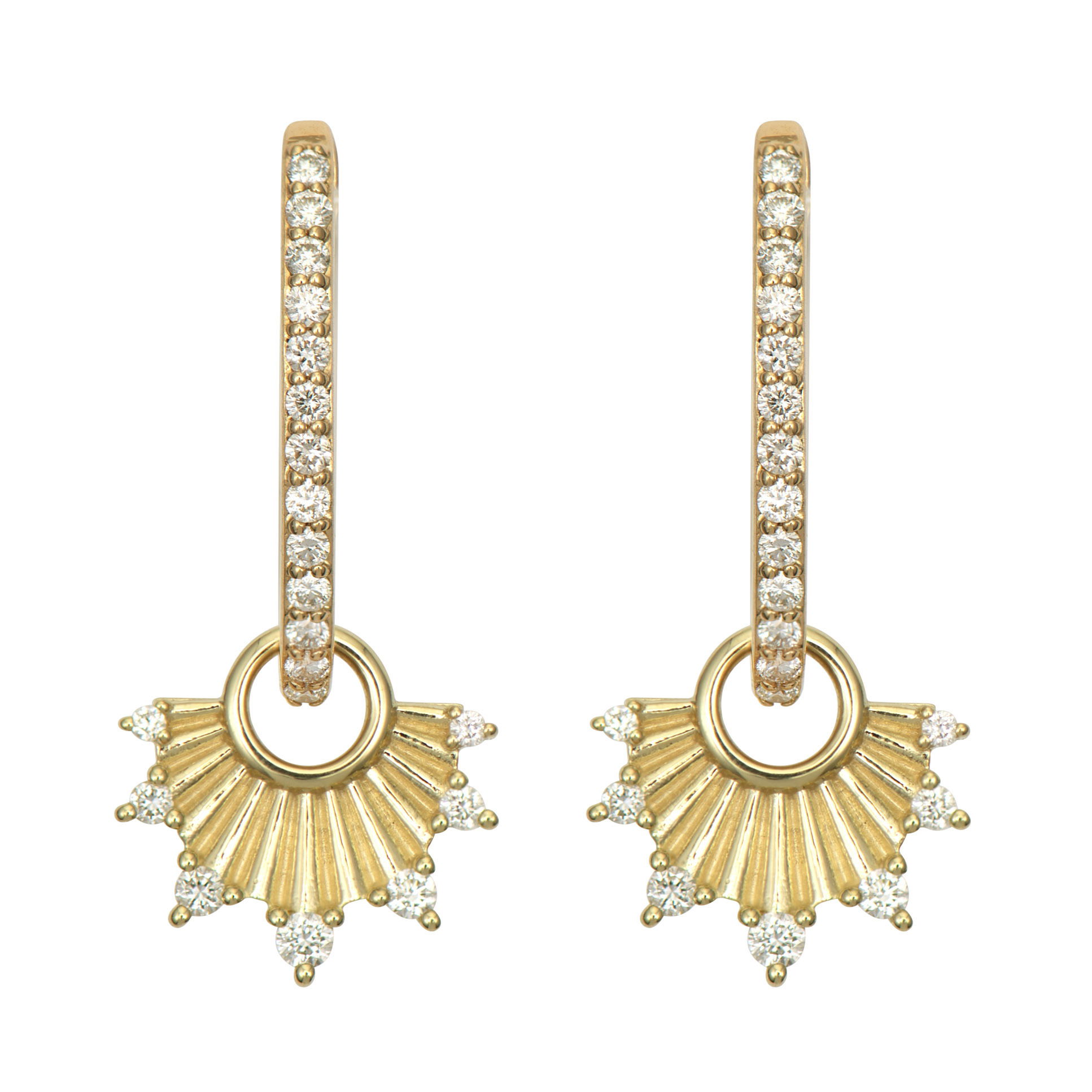 This Delicate Ruffled Fan Charm features an intricate fan design in 14K yellow gold, with exquisite ruffled details that create beautiful texture and dimension. The fan's surface sparkles with diamonds, adding a luxurious brilliance to its vintage-inspired silhouette. This dazzling charm can be worn on Three Stories hoop earrings or added to a chain bracelet or necklace by adding an openable pendant bale. Perfect for adding a touch of refined femininity and old-world elegance to your jewelry collection. Hoops and charms sold separately. Delicate Ruffled Fan Charm