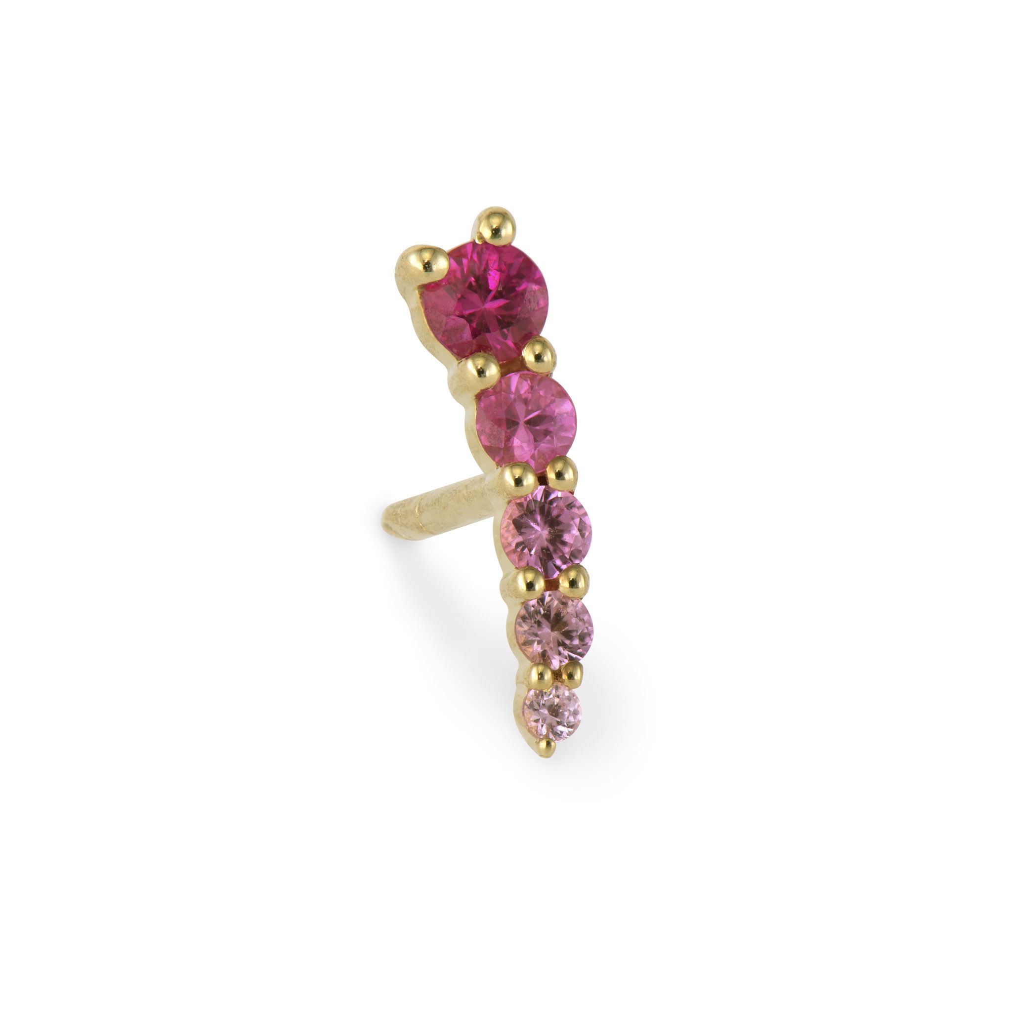 Build your ear stack! The Graduated Pink Sapphire Crawler from the Short Stories Collection is perfect to be worn alone or to help create the perfect Three Stories Jewelry ear stack! Made with 14k yellow gold and pink sapphires, this crawler stud pops! Studs sold as singles. Graduated Ombre Pink Sapphire Crawler