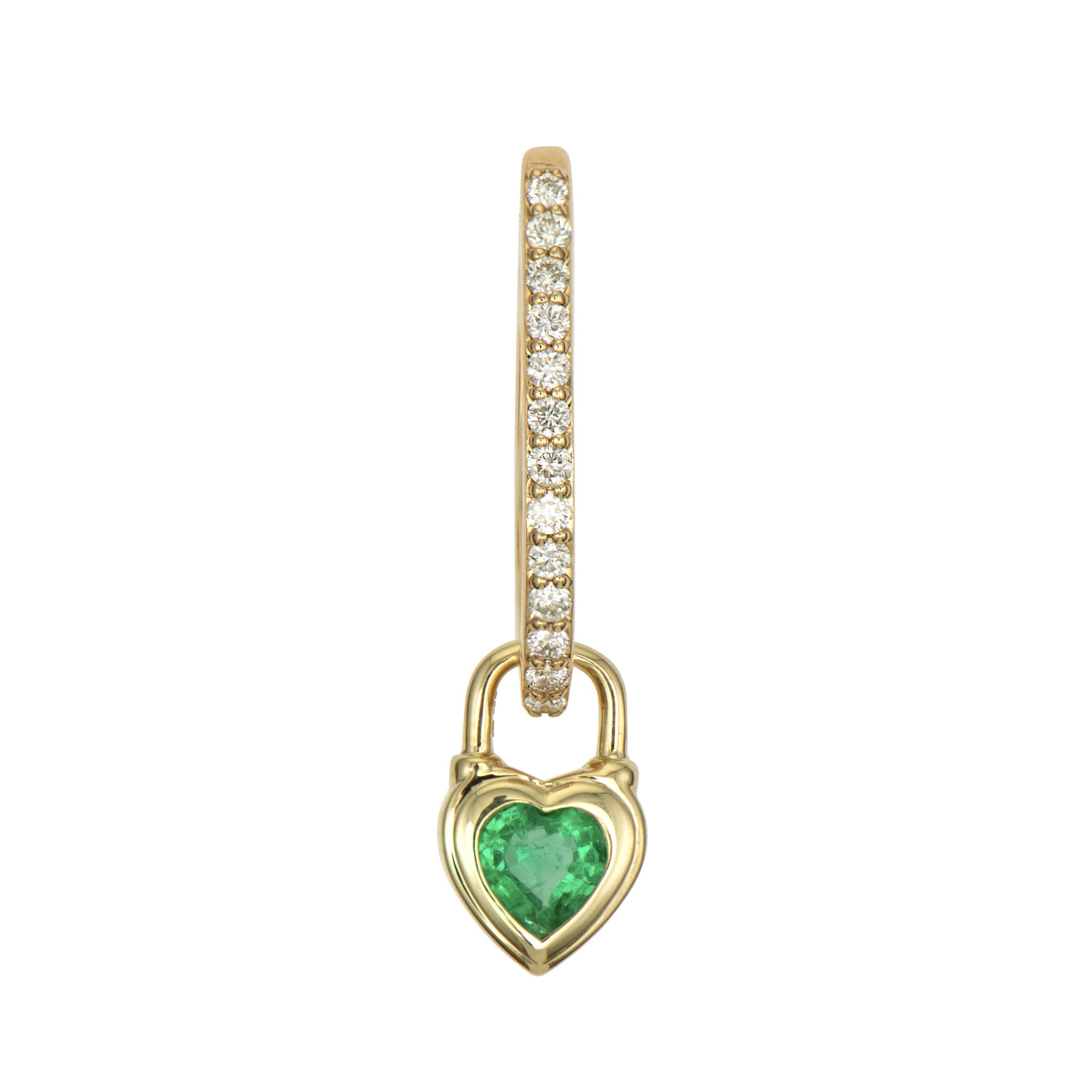 Vibrant heart shaped emerald bezel set in 14K yellow gold make the Single Beating Heart Emerald Charm sparkle. This tiny charm looks amazing on a Three Stories hoop earring or added to a detachable bale and hung on a Three Stories chain necklace or bracelet.Charms sold as singles. Hoop sold separately. Single Beating Heart Emerald Charm