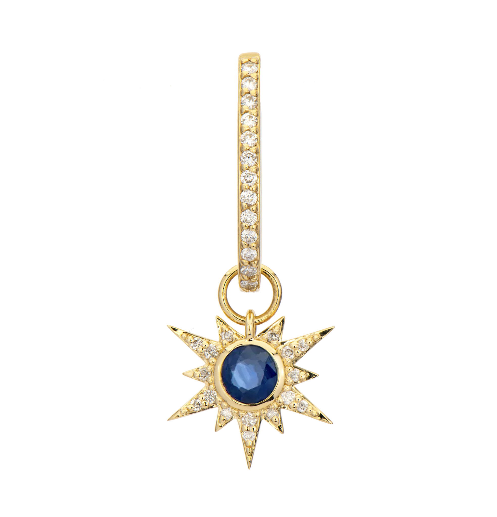 It's a love explosion! Diamonds exploding from 14k yellow gold with a stunning emeralds center make up the Tiny Love Explosion Blue Sapphire Charms from the Stories of Love collection. Wear on hoops or add to an openable bale and attached to your favorite Three Stories chain necklace or bracelet to create a look that tells your story. Charms sold as singles. Hoop sold separately. Tiny Love Explosion Blue Sapphire Charms