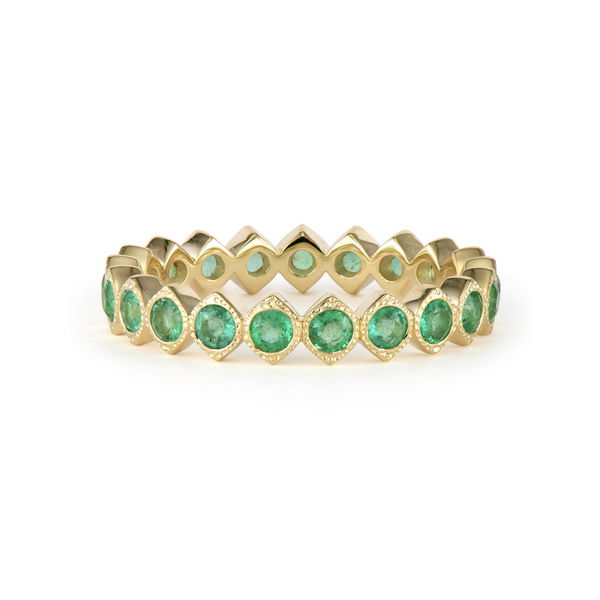 Closeup photo of Narrow Show Your Love Bezel Set Emeralds Eternity Band
