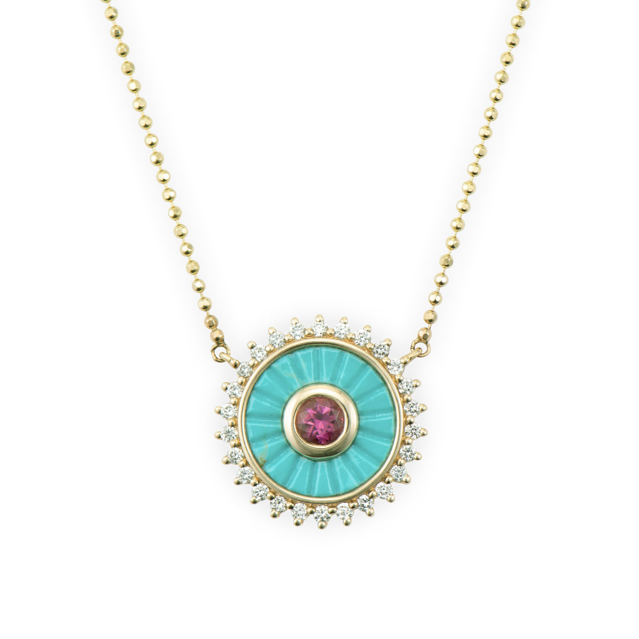 Meditation in Blue and GoldThe Mandala Turquoise Medallion Necklace is a harmonious blend of spiritual symbolism and exquisite craftsmanship. This stunning piece centers around a meticulously designed mandala, a sacred symbol representing the universe in perfect balance.Crafted in 14K yellow gold, the medallion features intricate inlay work with vibrant turquoise, its serene blue hues evoking tranquil skies and calm waters. The mandala pattern is further enhanced with sparkling GSI diamonds, adding a touch of brilliance to the sacred geometry.A single pink tourmaline serves as a focal point, its rosy hue providing a beautiful contrast to the turquoise and gold, symbolizing love and compassion within the balanced universe of the mandala.This spiritual centerpiece hangs from a delicate 1.2mm ball chain, also in 14K yellow gold. The fine chain allows the medallion to take center stage while providing a secure and comfortable wear.More than just a necklace, this piece is a wearable meditation, a reminder of the beauty and balance of the universe. Whether worn as a personal talisman or as a stunning statement piece, it brings a touch of mindful elegance to any outfit. Mandala Turquoise Medalion Necklace