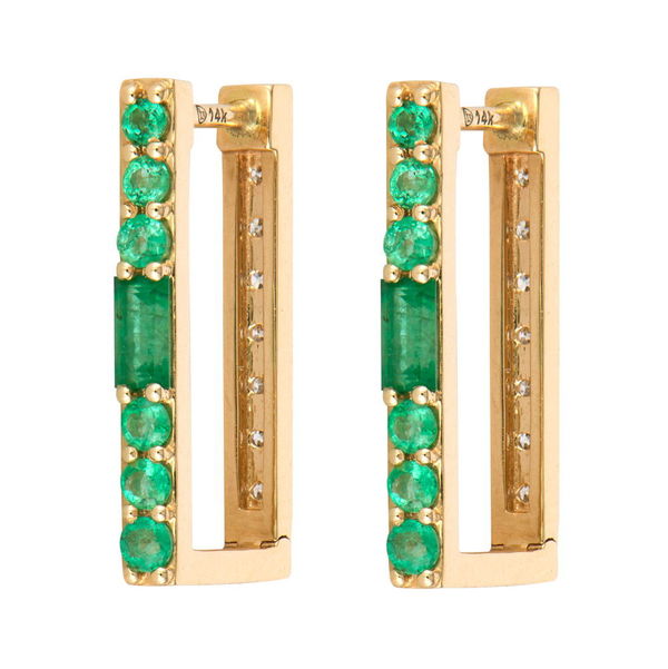 Closeup photo of Emerald and Diamond Two-Sided Rectangular Hoops