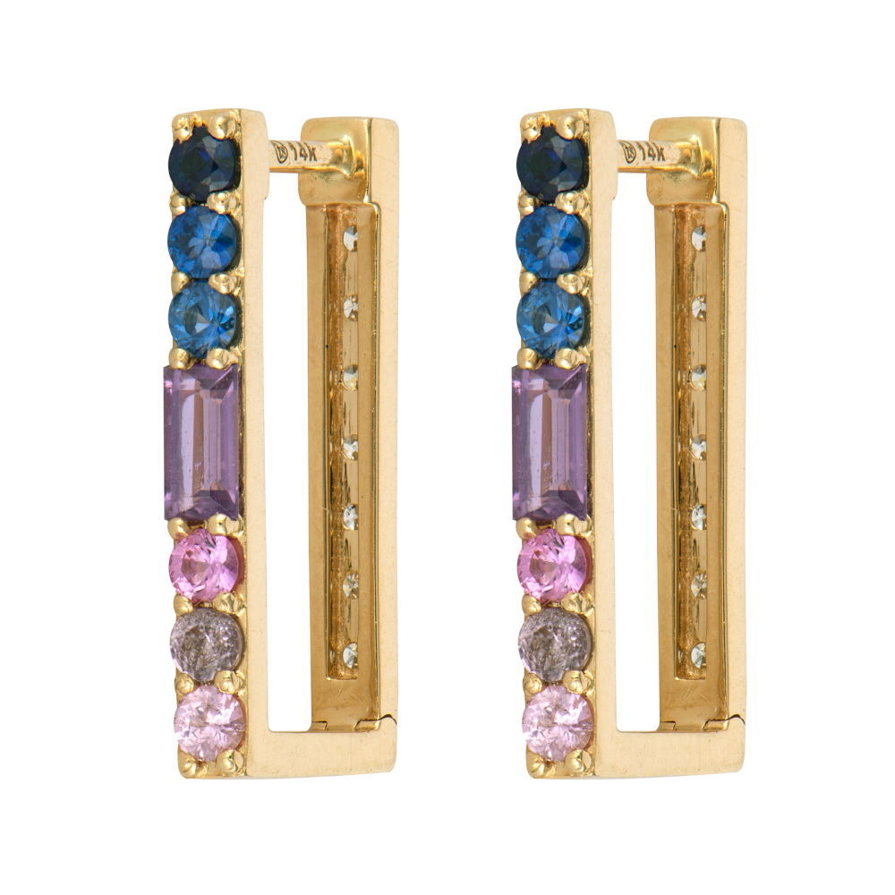 Ombre Sapphire and Diamond Two Sided Rectangular Hoops