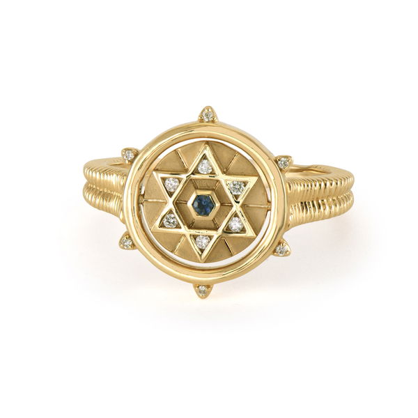 Closeup photo of Hamsa and Star of David Double Sided Flip Ring