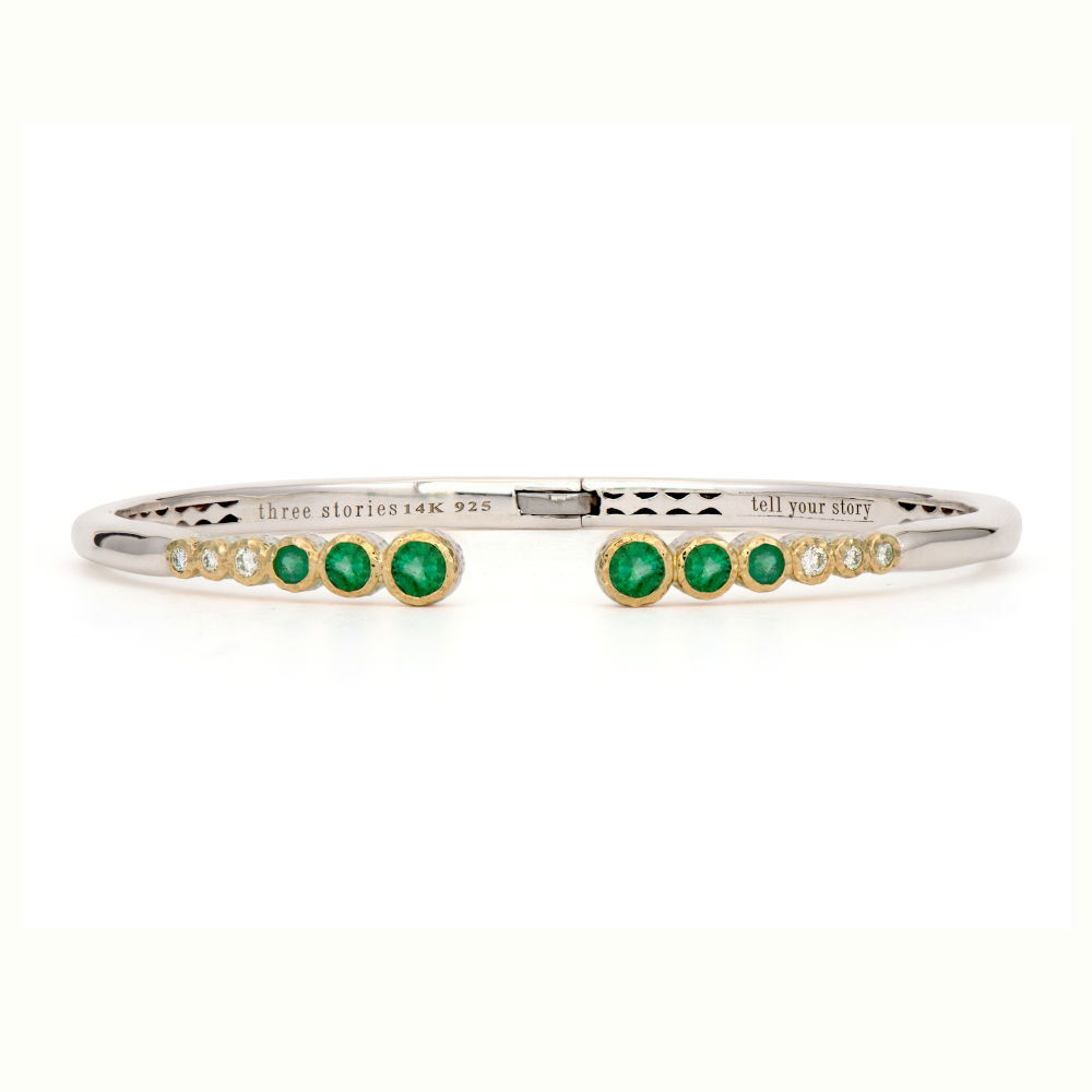 Classic Two-toned Open Bezel Set Emerald Bangle | Three