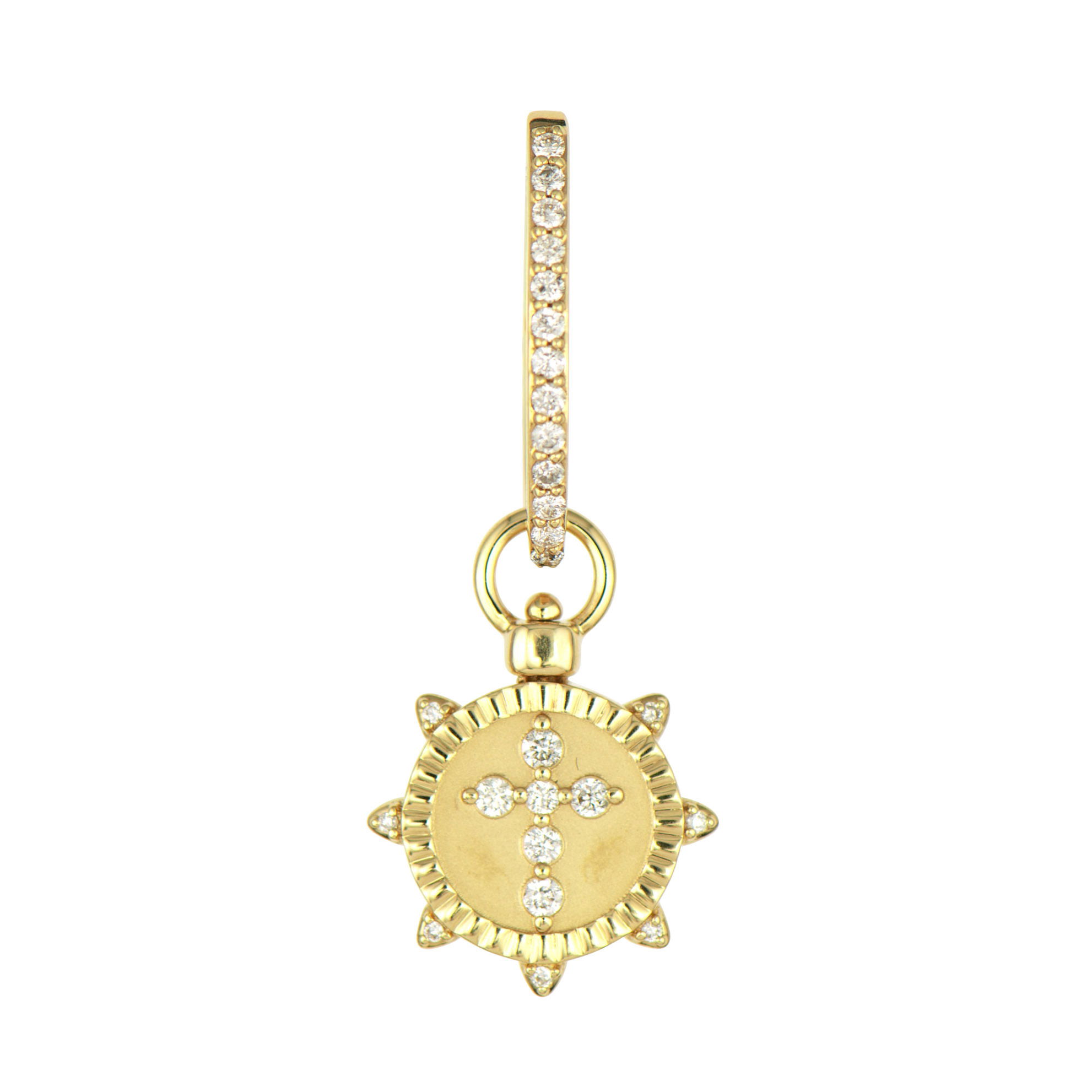 The Cross/Archangel Michael Double Sided Top Switch Charm combines faith and divine protection in one meaningful piece. Crafted in 14K gold, one side features a pavé diamond cross representing faith and devotion, while the other reveals an intricately detailed Archangel Michael design, symbolizing divine protection and strength.The innovative Three Stories top switch mechanism allows you to easily transform this charm from a pendant to an earring charm, giving you versatile styling options. Whether you're showcasing the timeless cross or the powerful Archangel Michael, this charm offers both spiritual comfort and courage. Perfect for those who seek jewelry that provides daily inspiration and keeps faith close to their heart. This sparkling gold charm can be worn on Three Stories hoop earrings or added to a chain bracelet or necklace. Charms sold as singles. Hoops and charms sold separately. Cross/Archangel Michael Double Sided Top Switch Charm