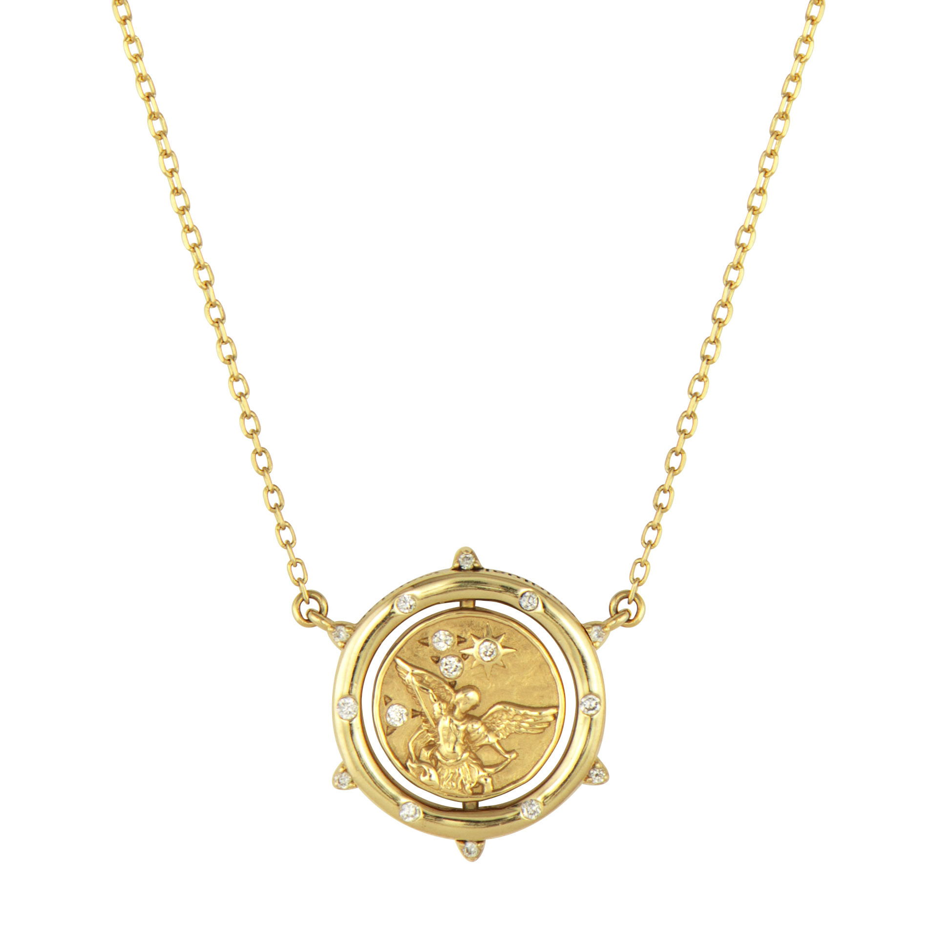 The Cross/Archangel Michael Double Sided Flip Necklace combines faith and divine protection in one meaningful piece. Crafted in 14K gold, one side features a pavé diamond cross representing faith and devotion. Flip it over to reveal an intricately detailed Archangel Michael design, symbolizing divine protection and strength in the face of adversity.This innovative flip design allows you to choose which sacred symbol to display, adapting to your spiritual needs or personal moments. The necklace features jump rings at 16, 17, and 18 inches, offering versatile length options for perfect positioning. The combination of the timeless cross and the powerful Archangel Michael creates a piece that offers both comfort and courage. Perfect for those who seek jewelry that provides spiritual significance and daily inspiration, keeping faith and protection close to your heart. Cross/Archangel Michael Double Sided Flip Necklace