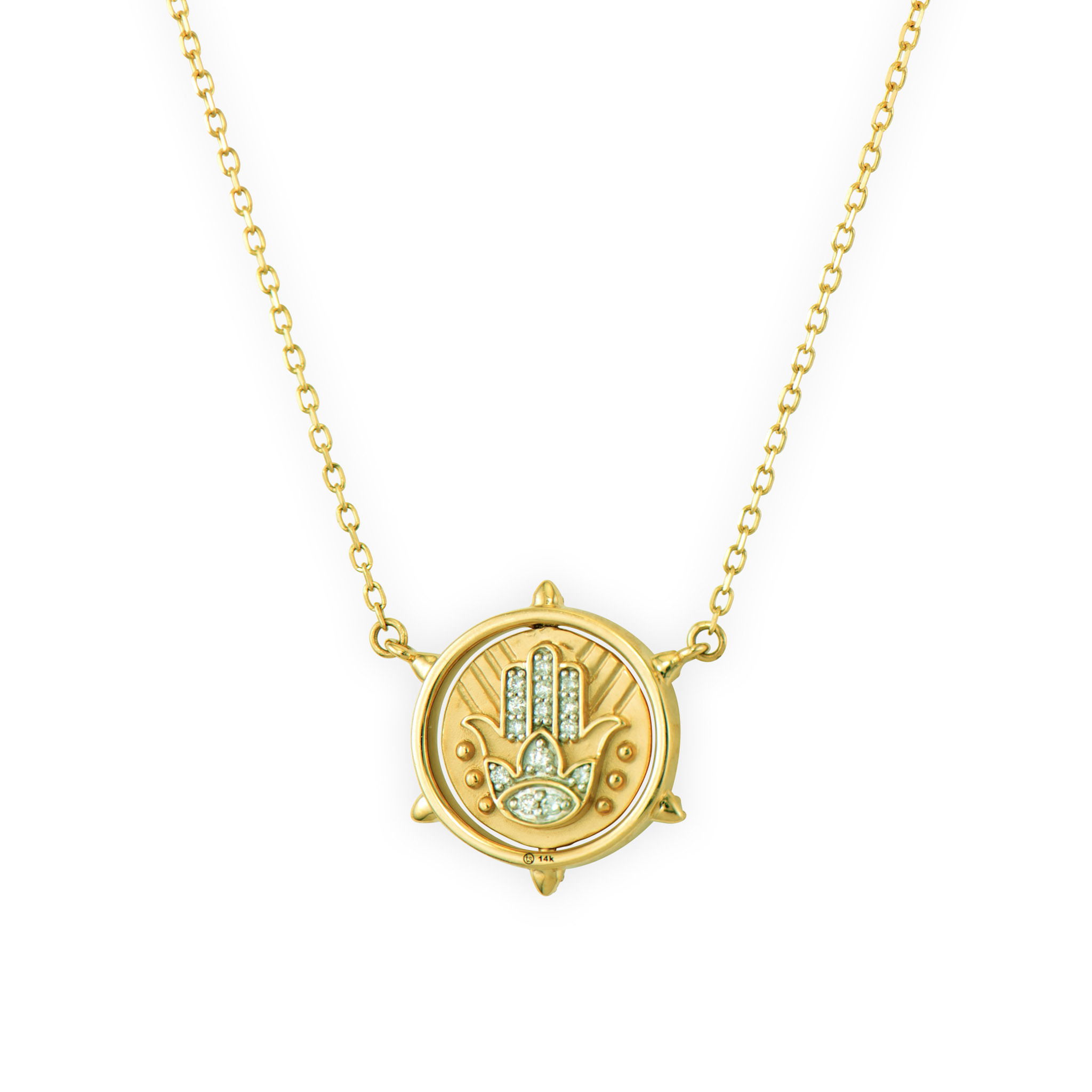 The Hamsa and Star of David Double Sided Flip Necklace combines two powerful protective symbols in one meaningful piece. Crafted in 14K gold, one side features an intricately detailed Hamsa hand representing divine protection and blessings. Flip it over to reveal a beautiful Star of David design, symbolizing faith and heritage.This innovative flip design allows you to choose which sacred symbol to display, adapting to your spiritual needs or personal moments. The necklace features jump rings at 16, 17, and 18 inches, offering versatile length options for perfect positioning. The combination of the protective Hamsa and the meaningful Star of David creates a piece that offers both spiritual comfort and cultural connection. Perfect for those who seek jewelry that provides daily inspiration and keeps faith and protection close to your heart. Hamsa and Star of David Double Sided Flip Necklace