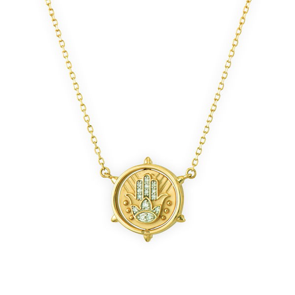 Closeup photo of Hamsa and Star of David Double Sided Flip Necklace