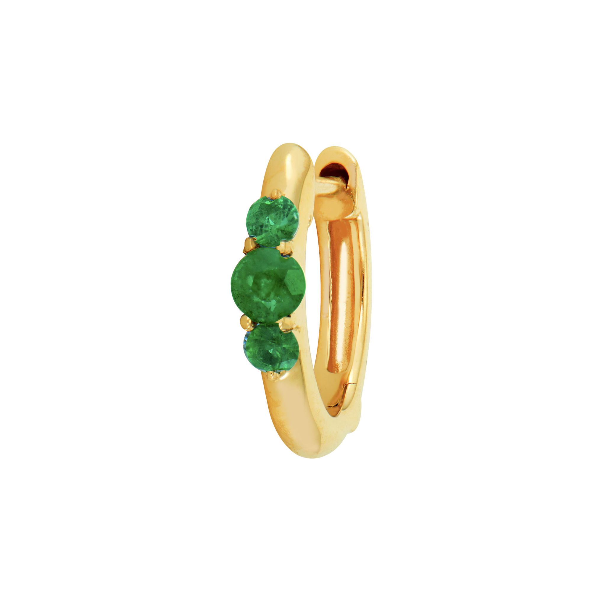 Not your average gold hoop. The Emerald Prong Small Engraved Hoop features 3 prong set round diamonds in 14k yellow gold. These stunning hoops make a statement on their own or with any Three Stories charm dangling from them. Small Emerald Prong Hoops