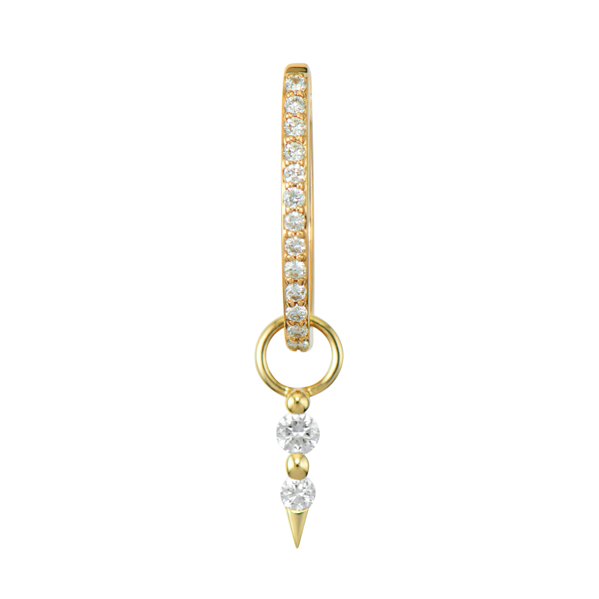 This Small Sari Dagger Charm offers an elegant, sleek design in 14K yellow gold. Featuring two prong-set diamonds that create a subtle yet striking dagger-like silhouette, this charm combines simplicity with sophistication. The diamonds catch the light beautifully, adding just the right amount of sparkle to this refined piece. This sparkling gold charm can be worn on Three Stories hoop earrings or added to a chain bracelet or necklace by adding an openable pendant bale. Hoops and charms sold separately. Small Sari Dagger Charm