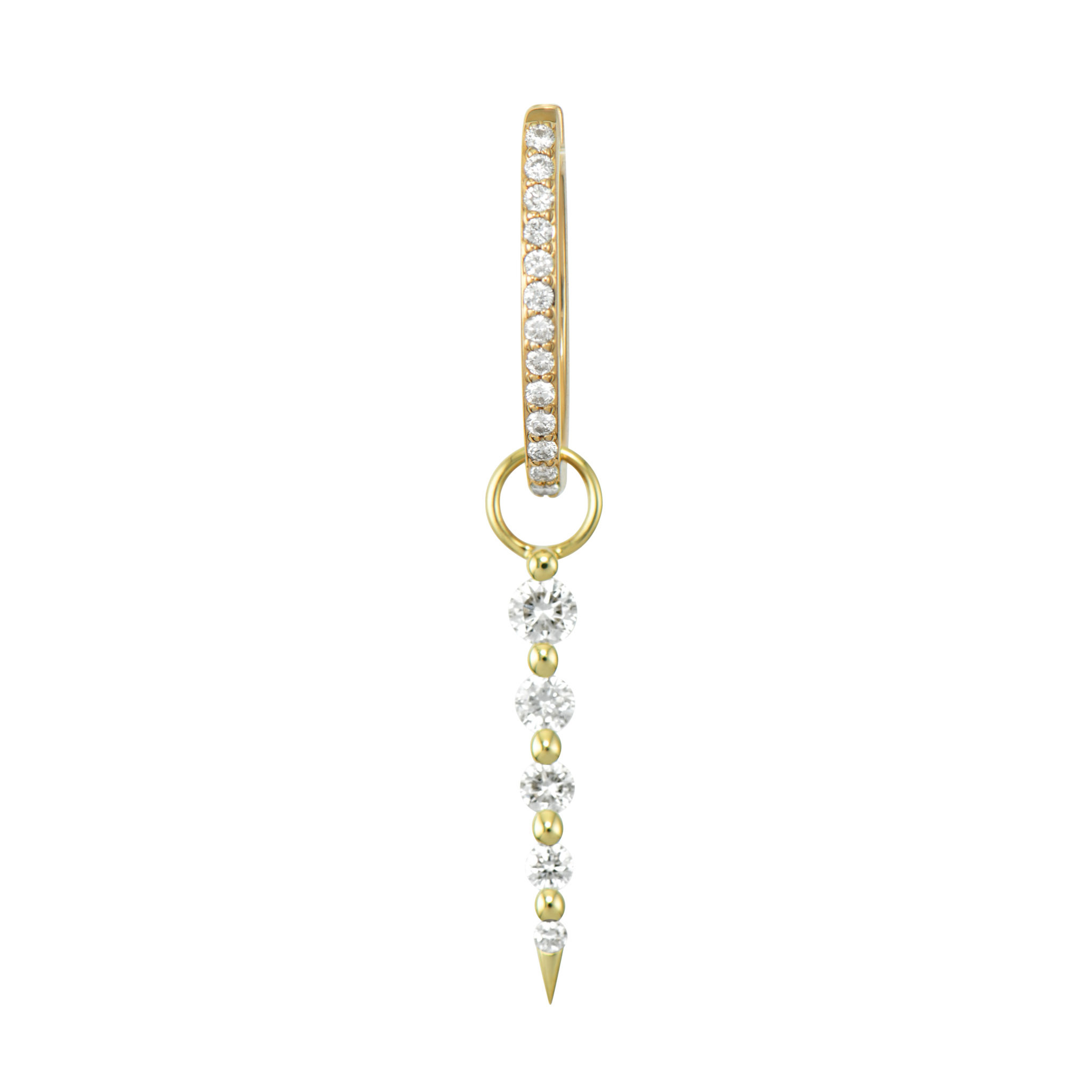 This Large Sari Dagger Charm features an elegant, elongated design with a distinctive silhouette. Its striking feature is a line of five prong-set diamonds that graduate in size from large to small, creating a dramatic dagger-like appearance. Crafted in 14K yellow gold, the graduated diamonds catch the light beautifully, creating a cascade of sparkle. This sparkling gold charm can be worn on Three Stories hoop earrings or added to a chain bracelet or necklace by adding an openable pendant bale. Hoops and charms sold separately. Large Sari Dagger Charm