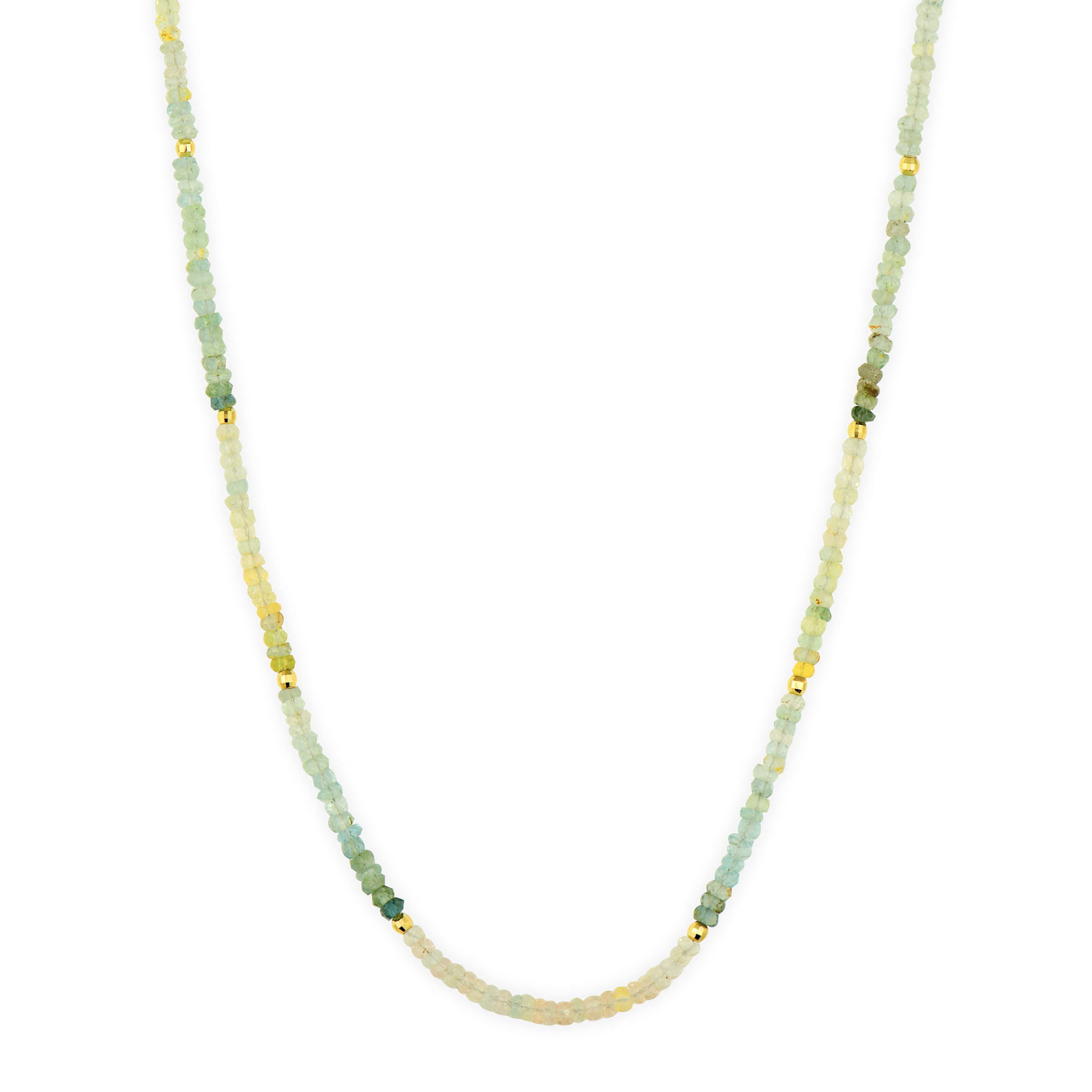 Make a statement with color! The Delicate Ombre Morganite and Aquamarine Beaded Chainadds a POP of color to any outfit. These multi-colored beads are alternating with 14k gold beads for a truly unique look. Wear alone or with a Three Stories pendant hanging from it. Hand-strung beads, colors may vary. Adjustable chain. Delicate Ombre Morganite/Aquamarine Beaded Chain 18"