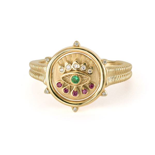 Closeup photo of Hamsa and Evil Eye Double Sided Flip Ring