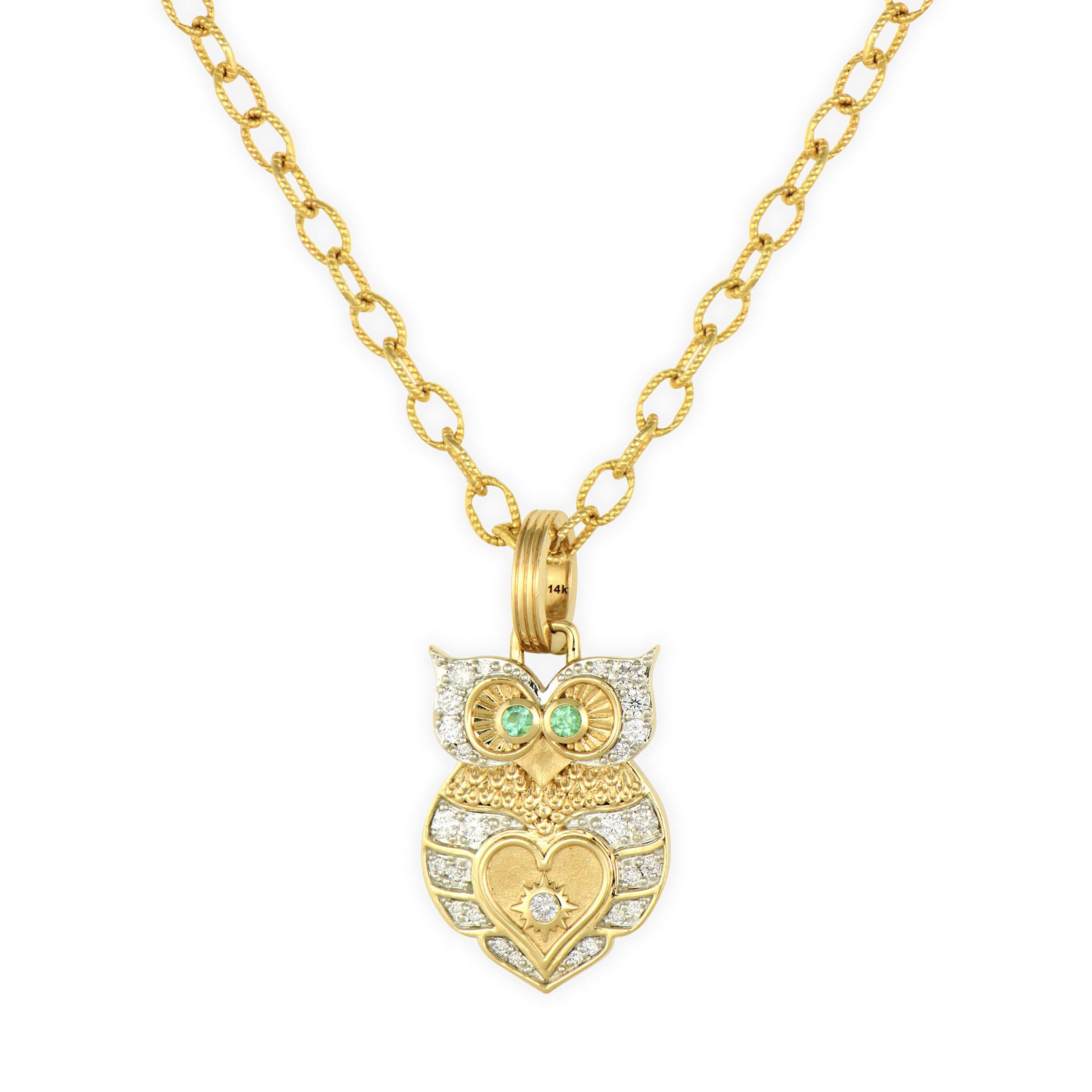 This Double Sided Love Owl Pendant combines wisdom with romance in one meaningful piece. Crafted in 14K gold, one side features sparkling diamonds with emerald eyes and a distinctive heart motif at the center, symbolizing love and wisdom united. Flip it over to reveal a vibrant display of emeralds and sapphires that create a rich, colorful palette.This versatile pendant allows you to choose between classic diamond elegance or bold gemstone color, depending on your mood or outfit. The owl's symbolism of wisdom paired with the heart motif creates a perfect piece for those who lead with both their head and heart. Chain sold separately. Double Sided Love Owl Pendant