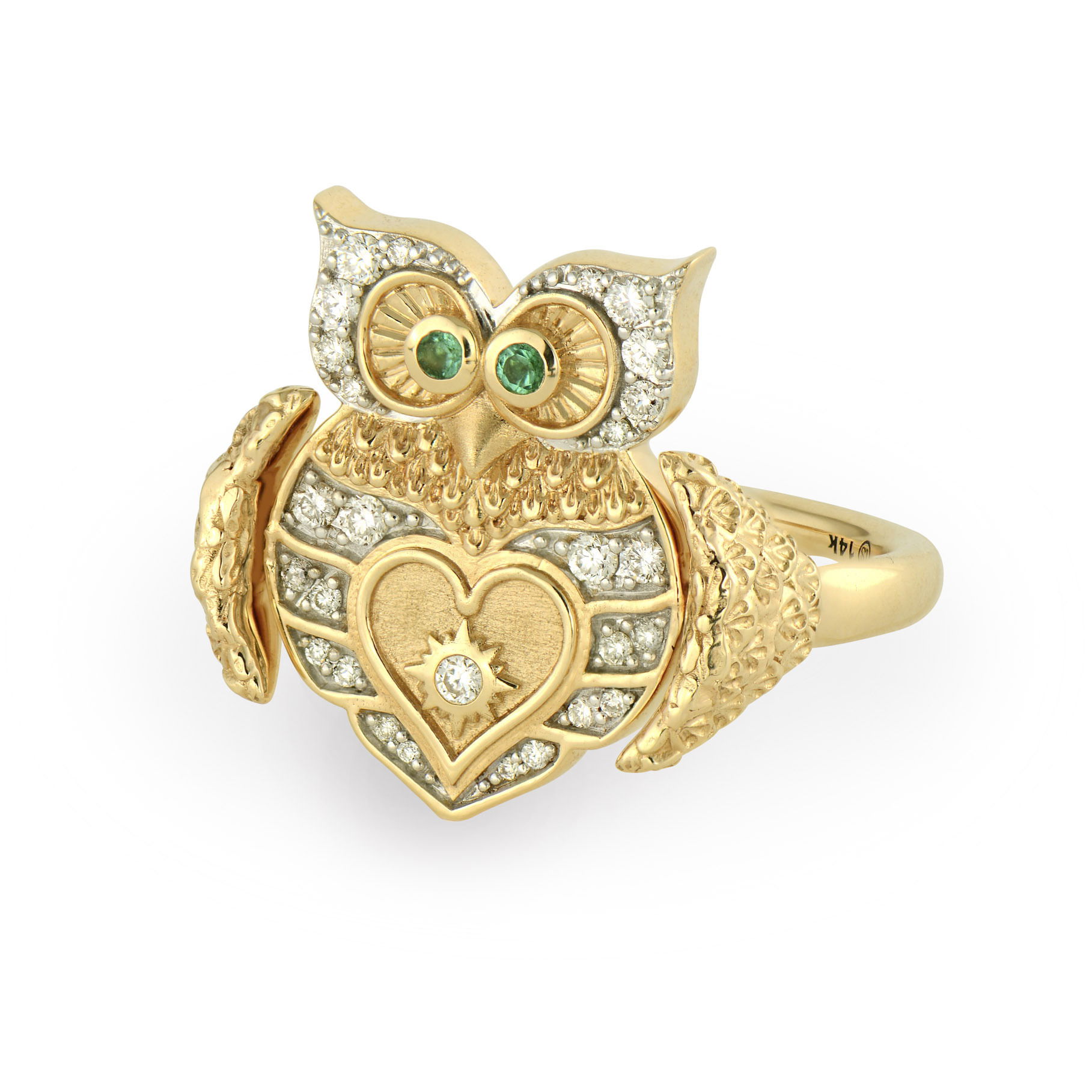 This Love Owl Flip Ring combines wisdom with romance in one meaningful piece. Crafted in 14K gold, one side features sparkling diamonds with emerald eyes and a distinctive heart motif at the center, symbolizing love and wisdom united. Flip it over to reveal a vibrant display of emeralds and sapphires that create a rich, colorful palette.This innovative flip design allows you to choose between classic diamond elegance or bold gemstone color depending on your mood or outfit. The owl's symbolism of wisdom paired with the heart motif creates a perfect piece for those who lead with both their head and heart. Whether displaying the romantic diamond side or the vibrant gemstone face, this ring brings meaningful beauty to your finger. Size 7 Love Owl Ring