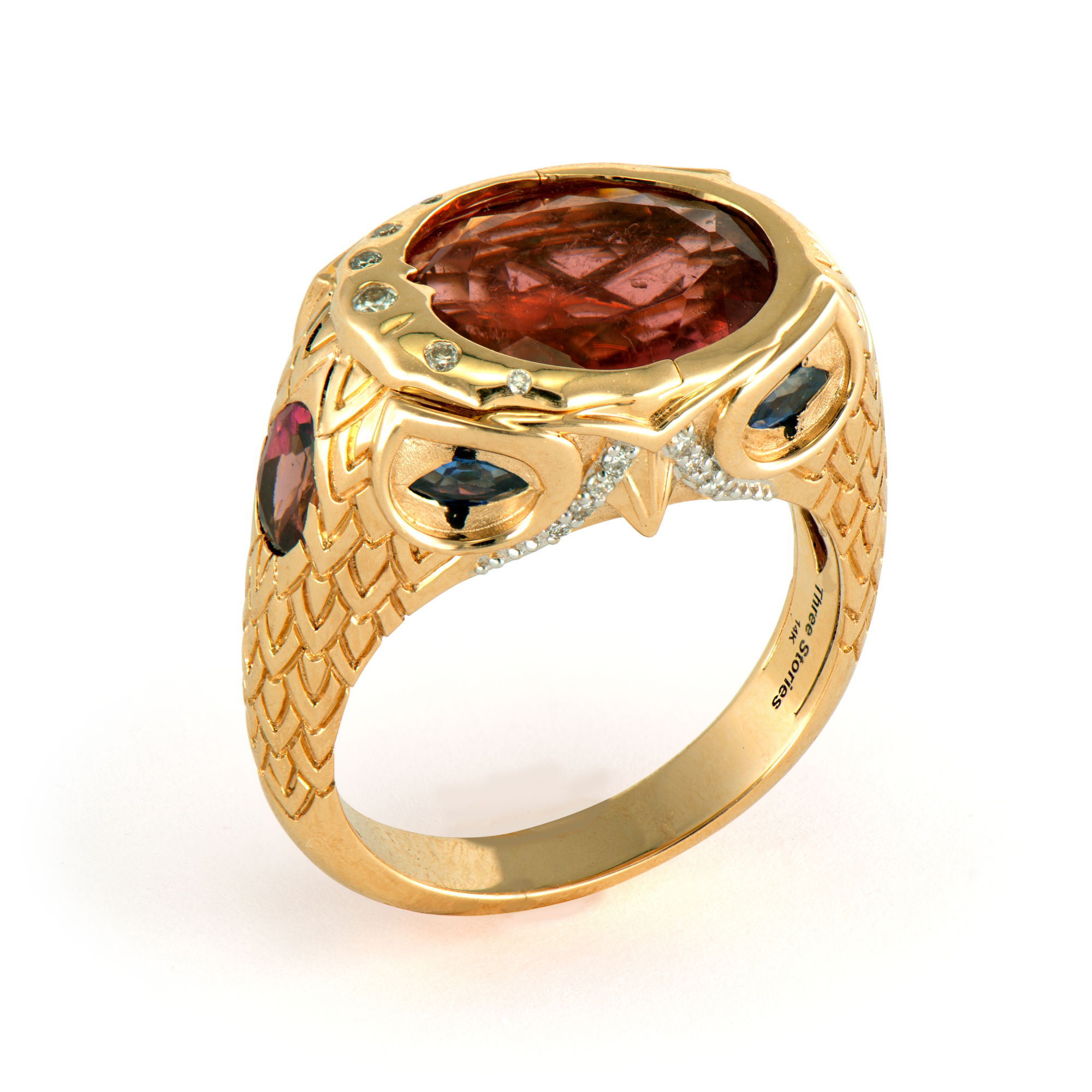 Special Order: Allow 8-10 weeks for delivery. The Night Owl Double Sided Tourmaline Ring brings nocturnal mystique to your finger. Crafted in 14K gold, this enchanting ring features a stunning pink tourmaline at its center, surrounded by a man in the moon motif adorned with sparkling diamonds. The sides of the ring showcase two different owl faces, each with its own unique expression and personality.This whimsical yet sophisticated piece combines celestial and woodland symbolism, representing wisdom, intuition, and the magic of nighttime. The pink tourmaline adds a soft pop of color against the golden setting, while the diamonds enhance the lunar and owl details with brilliant sparkle. Perfect for those who appreciate meaningful jewelry that tells a story of nocturnal wonder and ancient wisdom. Night Owl Double Sided Tourmaline Ring