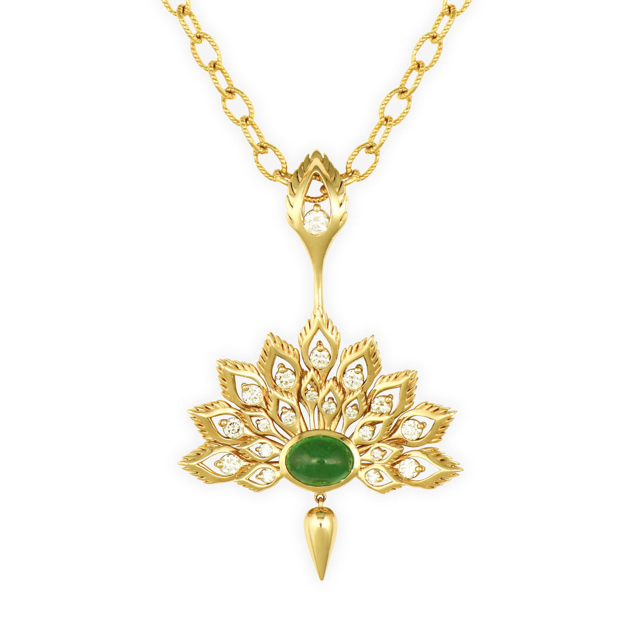 Special Order: Allow 8-10 weeks for delivery.The Radiant Peacock Fan Pendant captures the stunning beauty of nature's most spectacular plumage. Crafted in 14K gold, this striking piece features an elegant fan design that showcases two distinct looks. One side dazzles with emeralds and sapphires, creating a vibrant peacock-inspired palette, centered by a large cabochon sapphire. Flip it over to reveal sparkling diamonds with a cabochon emerald at the center for a different but equally captivating effect.The fan shape perfectly mimics the graceful spread of a peacock's tail feathers, while the double-sided design allows you to choose between bold color or classic sparkle. This pendant celebrates the magnificence of one of nature's most beautiful creatures, bringing both luxury and symbolic meaning to your jewelry collection. Chain sold separately. Radiant Peacock Fan Pendant