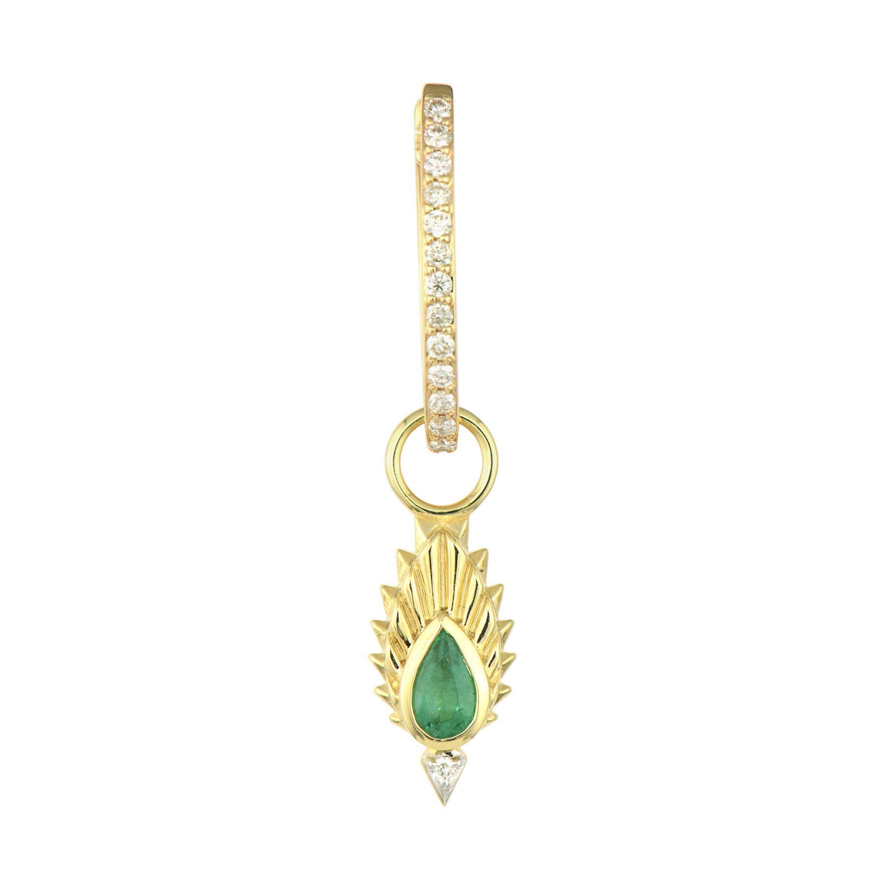The Tiny Peacock Feather Charm captures nature's most spectacular plumage in miniature form. Crafted in 14K gold, this delicate charm features intricate feather detailing adorned with sparkling diamonds and a pear-shaped emerald that mimics the distinctive "eye" of a peacock feather. The emerald's rich green provides the perfect pop of color against the golden feather and brilliant diamonds.This charming piece celebrates the beauty and grace of one of nature's most stunning creatures. The detailed craftsmanship brings the peacock feather to life in precious form, making it a meaningful addition to any jewelry collection. This sparkling gold charm can be worn on Three Stories hoop earrings or added to a chain bracelet or necklace by adding an openable pendant bale. Charms sold as singles. Hoops and charms sold separately. Tiny Peacock Feather Charm