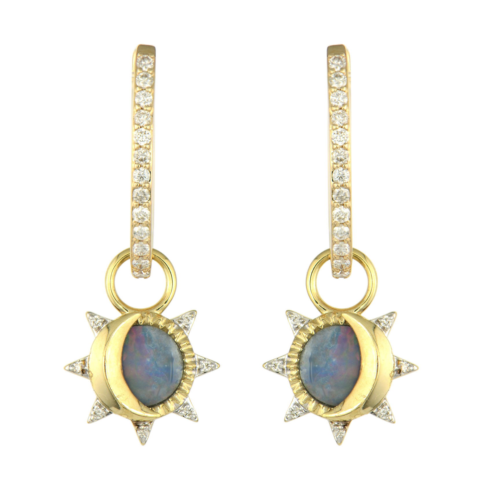 The Small Double Sided Sunrise Sunset Charm captures the magic of daybreak and twilight in one precious piece. Crafted in 14K gold, this charming design features diamonds and opal that beautifully represent the shifting light of dawn and dusk. The double-sided design allows you to showcase different aspects of these celestial moments, with each side offering its own interpretation of nature's daily light show.The opal's natural play of color perfectly evokes the ethereal beauty of sunrise and sunset skies, while the diamonds add brilliant sparkle like the first and last rays of light. This meaningful charm celebrates the beauty found in nature's daily transitions. This sparkling gold charm can be worn on Three Stories hoop earrings or added to a chain bracelet or necklace by adding an openable pendant bale. Charms sold as singles. Hoops and charms sold separately. Small Double Sided Sunrise Sunset Charm