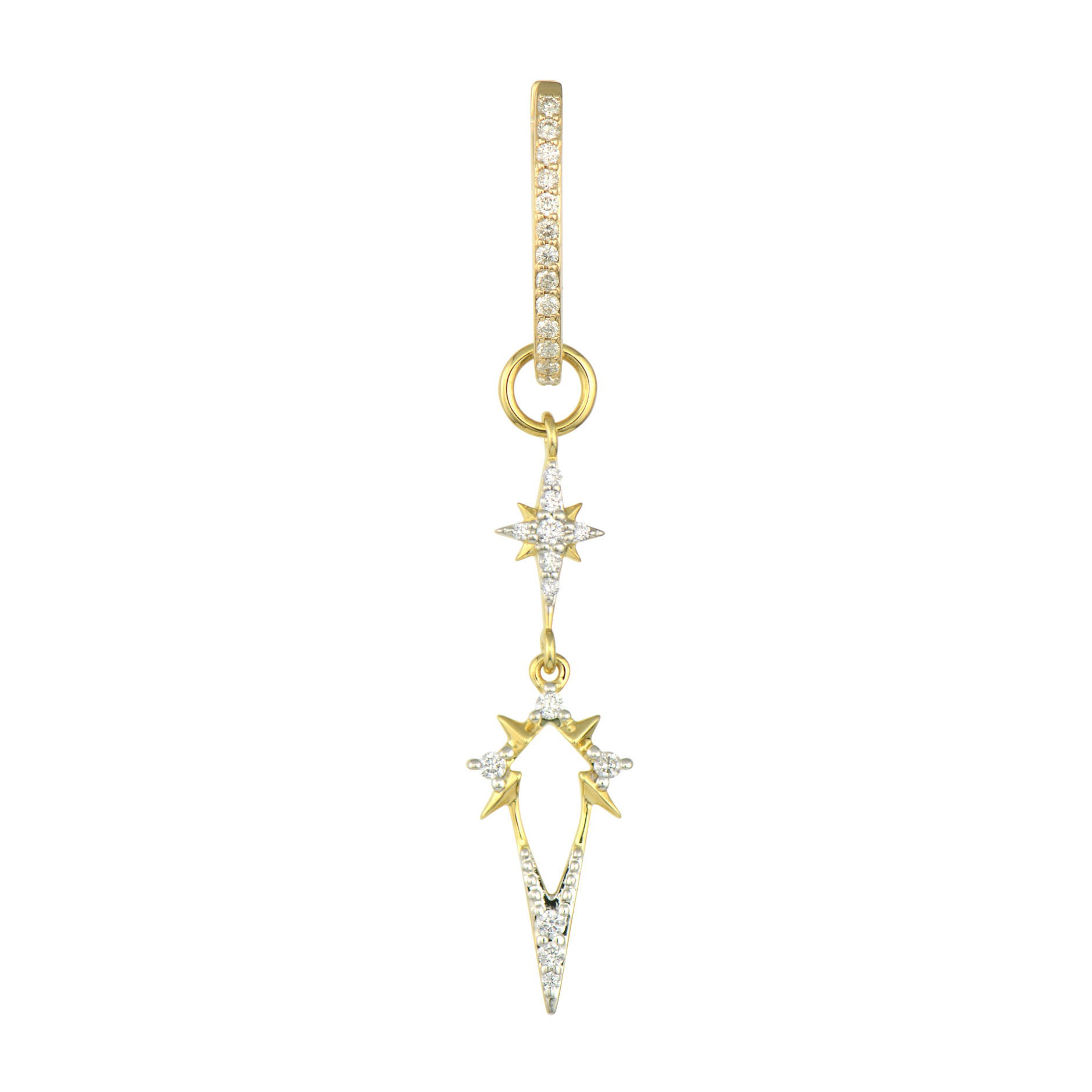 The Double Open Star Charm brings celestial elegance in an elongated design. Crafted in 14K gold, this long charm features two open star motifs adorned with sparkling diamonds that create a constellation effect. The open framework gives the stars an airy, delicate appearance while the diamonds add brilliant sparkle that catches the light beautifully.The elongated silhouette makes this charm a striking addition to any jewelry collection, perfect for those who love to make a statement. This sparkling gold charm can be worn on Three Stories hoop earrings or added to a chain bracelet or necklace by adding an openable pendant bale. Charms sold as singles. Hoops and charms sold separately. Double Open Star Charm