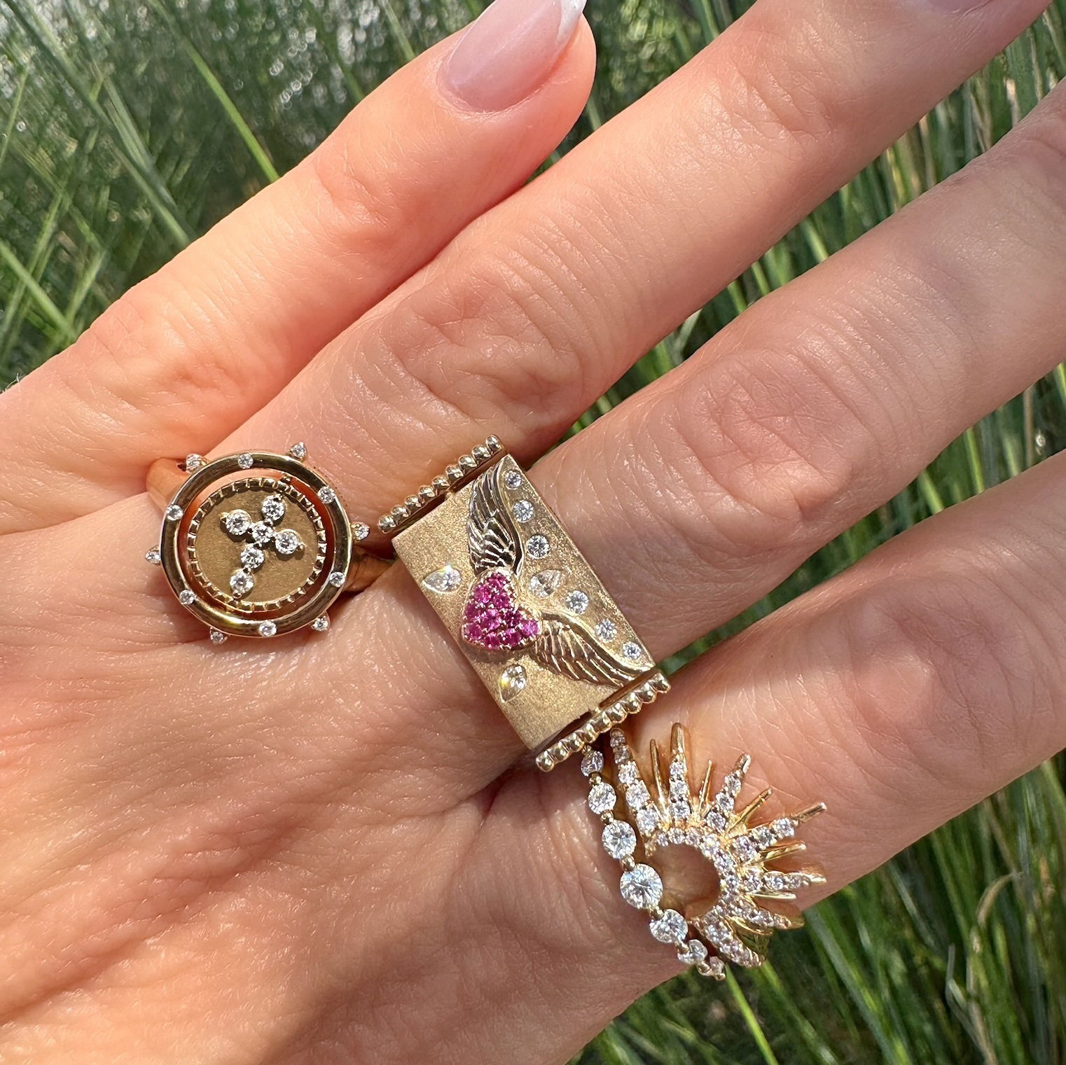 The Graduated Prong Set Diamond Band offers a fresh take on classic diamond ring style. Crafted in 14K gold, this elegant ring features diamonds that graduate in size halfway around the band, creating a dynamic flow of sparkle. Each diamond is secured in delicate prong settings that maximize the stones' brilliance and light reflection.The graduated sizing adds visual interest and movement, while the partial diamond setting provides comfortable everyday wear. This stunning ring is beautiful worn alone or stacked with other Three Stories rings. Size 6.5. Graduated Prong Set Diamond Band