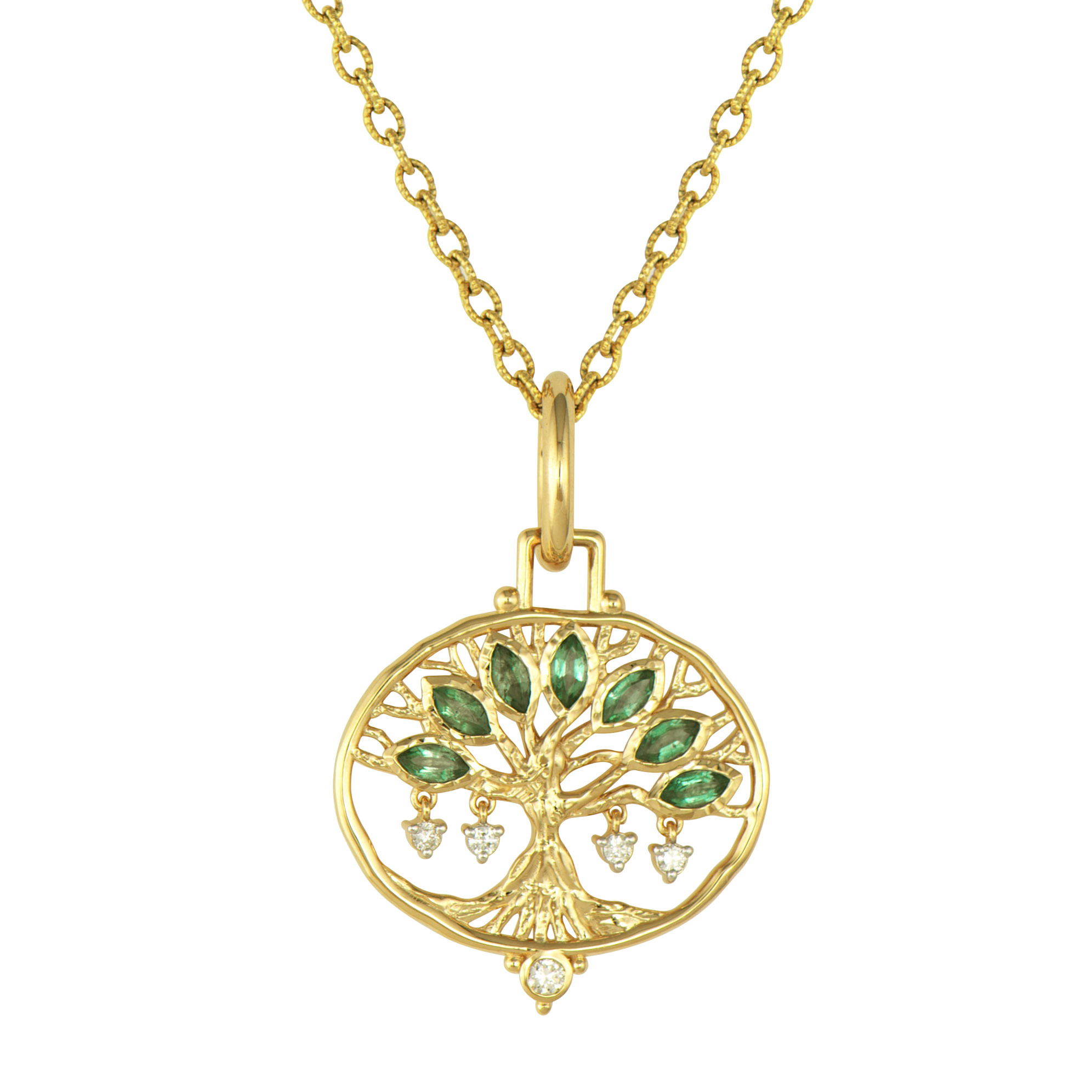 The Large Open Tree Of Life Pendant captures the essence of growth and renewal in an elegant, airy design. Crafted in 14K gold, this meaningful piece features an open framework that creates the silhouette of a majestic tree. Emeralds adorn the branches like fresh spring leaves, while sparkling diamonds dangle gracefully below, mimicking dewdrops or fruit hanging from the boughs.The open design gives this pendant a sense of lightness and movement, allowing the dangling diamonds to catch the light with every gesture. This symbolic piece represents life, growth, and connection, making it perfect for those who appreciate meaningful jewelry with natural beauty. Comes with an openable pendant bale. Chain sold separately. Large Open Tree Of Life Pendant