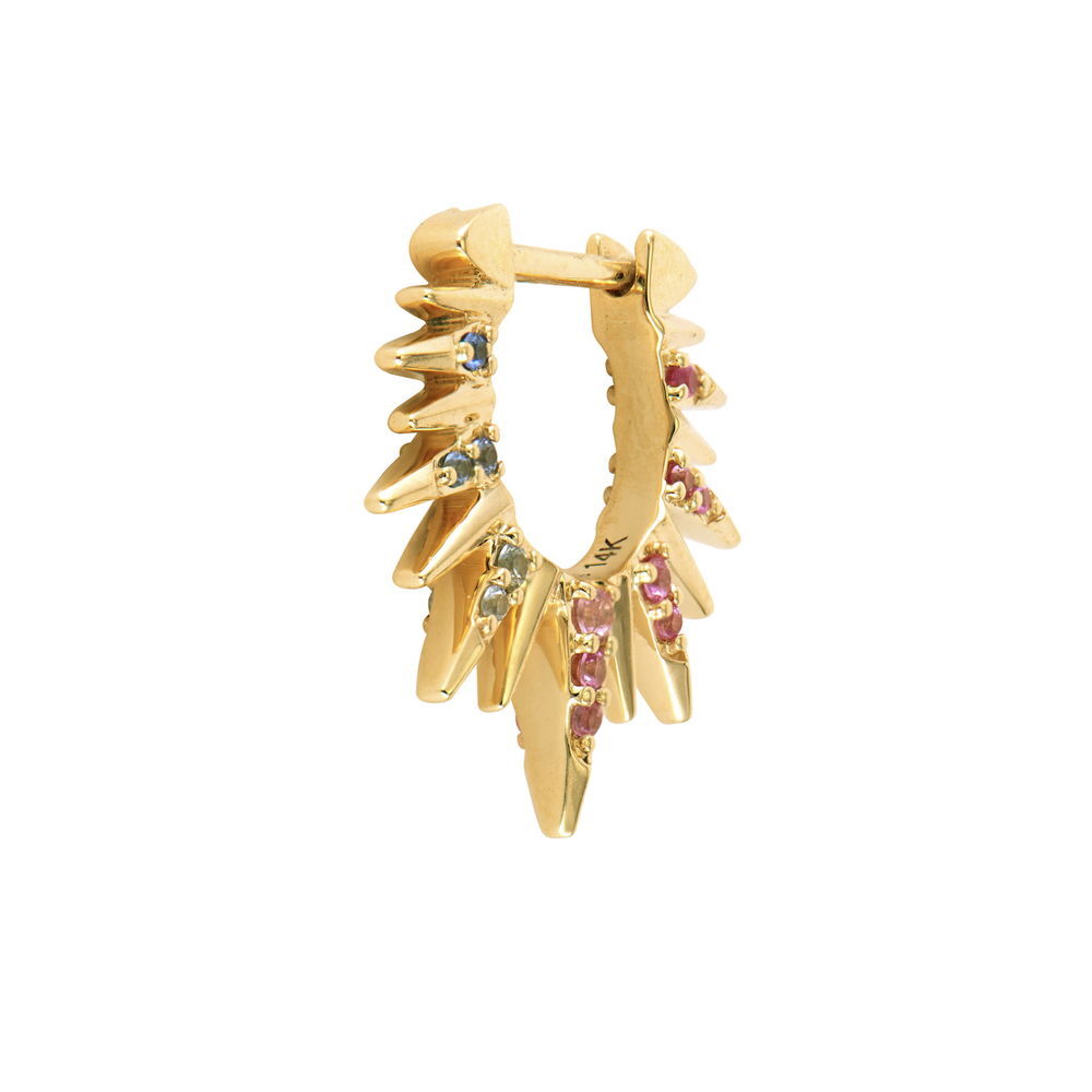 A Firework for Your EarThe Single Small Love Explosion Ombre Sapphire Earring is a dazzling burst of affection for your lobe. Crafted in 14K yellow gold, this eye-catching piece features ombre' pink, purple and blue sapphires, arranged in an elongated burst that mimics a firework frozen in time.Sold as a single earring, it's perfect for those who love to curate their own unique ear story. Wear it solo for an asymmetrical statement, or pair it with other Three Stories pieces for a personalized constellation of sparkle. Sold as singles. Small Love Explosion Ombre Sapphire Earring