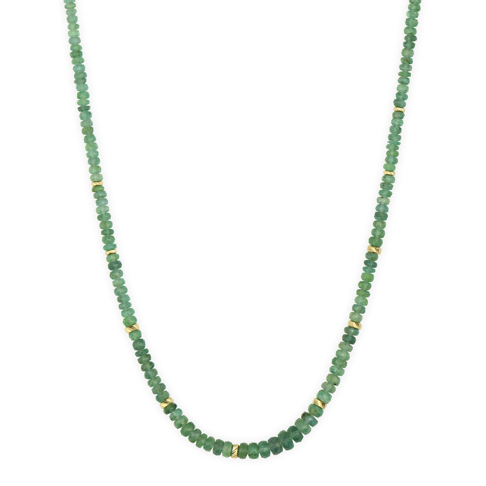 Make a statement with emerald elegance! The Graduated Emerald Beaded Chain adds a luxurious POP of green to any outfit. These graduated emerald beads create a beautiful cascade effect, alternating with 14k gold beads for a truly sophisticated look. Wear alone or with a Three Stories pendant hanging from it. Hand strung beads. Adjustable chain. Graduated Emerald Beaded Chain