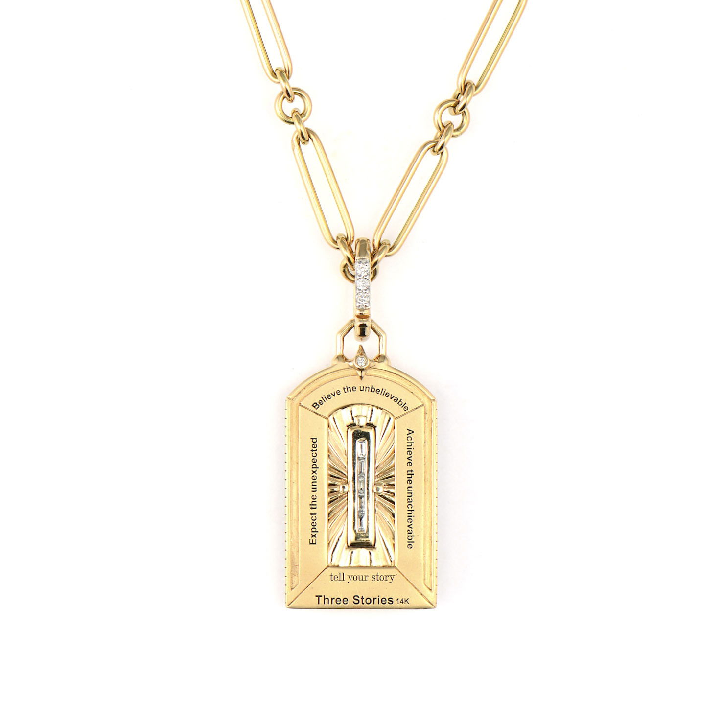 The Door Into the Unknown Pendant invites you to embrace life's mysteries with open arms. Crafted in 14K gold and adorned with sparkling diamonds, this extraordinary piece features a unique accordion-style door mechanism. The mother of pearl element moves in and out like an accordion, creating a mesmerizing effect that symbolizes the opening and closing of life's infinite possibilities.The back is engraved with powerful mantras: "Expect the Unexpected, Believe the Unbelievable, and Achieve the Unachievable" - daily reminders to stay open to wonder and possibility. This interactive pendant is more than jewelry; it's a wearable philosophy that encourages you to step boldly into the unknown. Perfect for dreamers, adventurers, and anyone ready to embrace life's beautiful uncertainties. Chain sold separately. The Door Into the Unknown Pendant