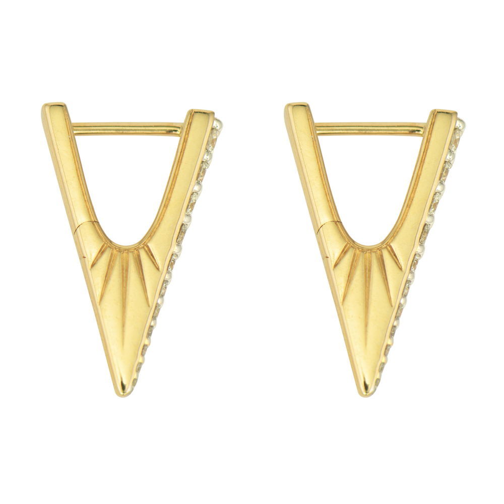 The Small Diamond V Hoop Earring brings edgy elegance in a compact design. Crafted in 14K gold, this huggie-style hoop features the distinctive V shape adorned with sparkling diamonds and detailed engraved sides that add extra visual interest. The smaller scale offers all the impact of the elongated version in a more subtle, everyday-friendly size.The edgy V silhouette creates a modern geometric aesthetic while the huggie style ensures comfortable, secure wear. The engraved detailing on the sides adds an artisanal touch that catches the light beautifully alongside the diamonds. Perfect for those who love the bold V design but prefer a more understated scale. Hoops sold as singles. Small Diamond V Hoop Earring