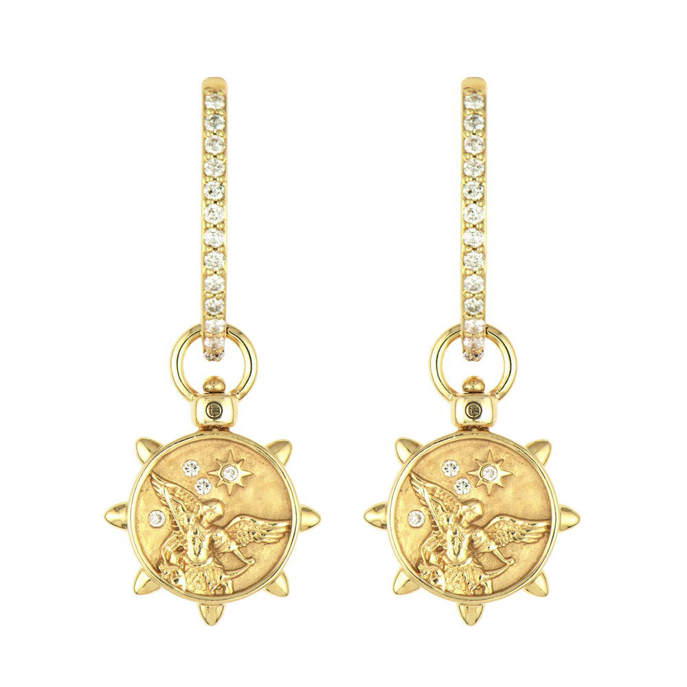 The Cross/Archangel Michael Double Sided Top Switch Charm combines faith and divine protection in one meaningful piece. Crafted in 14K gold, one side features a pavé diamond cross representing faith and devotion, while the other reveals an intricately detailed Archangel Michael design, symbolizing divine protection and strength.The innovative Three Stories top switch mechanism allows you to easily transform this charm from a pendant to an earring charm, giving you versatile styling options. Whether you're showcasing the timeless cross or the powerful Archangel Michael, this charm offers both spiritual comfort and courage. Perfect for those who seek jewelry that provides daily inspiration and keeps faith close to their heart. This sparkling gold charm can be worn on Three Stories hoop earrings or added to a chain bracelet or necklace. Charms sold as singles. Hoops and charms sold separately. Cross/Archangel Michael Double Sided Top Switch Charm