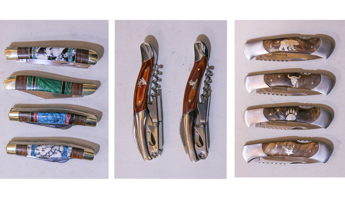 Pocket knives with stone and turquoise inlay handles