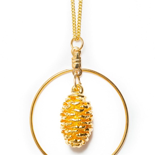 Closeup photo of Real Pine Cone Necklace with Gold Hoop