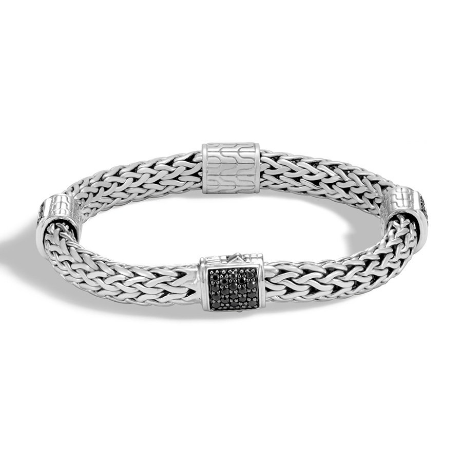 Woven Chain Four-Station Bracelet Sterling Silver with Black Sapphires