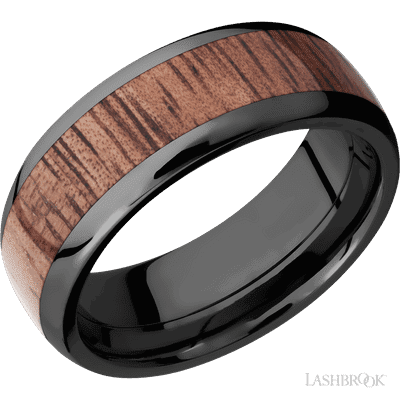Zirconium with hardwood inlay 8 mm wide/Domed/Zirconium band with one 5 mm Centered inlay of Desert Iron Wood