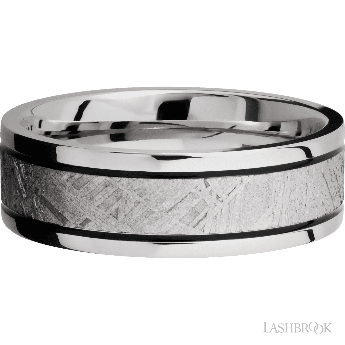 7.5 mm wide/Flat/Cobalt Chrome band with one 4 mm Centered inlay of Meteorite