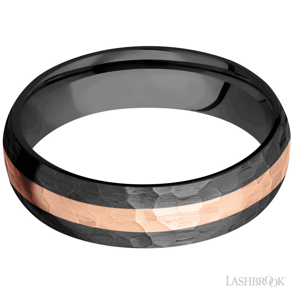 6mm domed Zirconium band, with one 2mm centered inlay of 14k rose gold, hammered finish. (If your size is not currently available we will order your Lashbrook ring, shipping will take approximately 4 - 6 weeks.) Feel free to email or call us for a specific size or customization. 6 mm wide/Domed/Zirconium band with one 2 mm Centered inlay of 14K Rose Gold