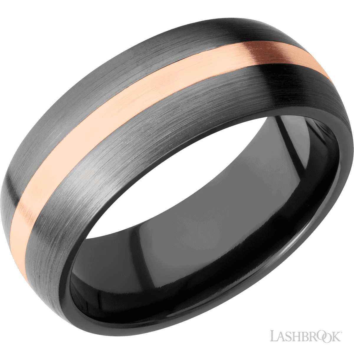 Black zirconium 8mm domed band with one 2mm centered inlay of 14K RG, satin finish.(If your size is not currently available we will order your Lashbrook ring, shipping will take approximately 4 - 6 weeks.) Feel free to email or call us for a specific size or customization. Zirconium Band with 2mm of 14K YG Inlay