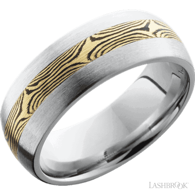 Cobalt chrome 8mm domed band, with 3mm 18k yellow gold and Mokume inlay, satin finish. (If your size is not currently available we will order your Lashbrook ring, shipping will take approximately 4 - 6 weeks.) Feel free to email or call us for a specific size or customization. Cobalt Chrome 18K YG & Mokume Inlay Ring